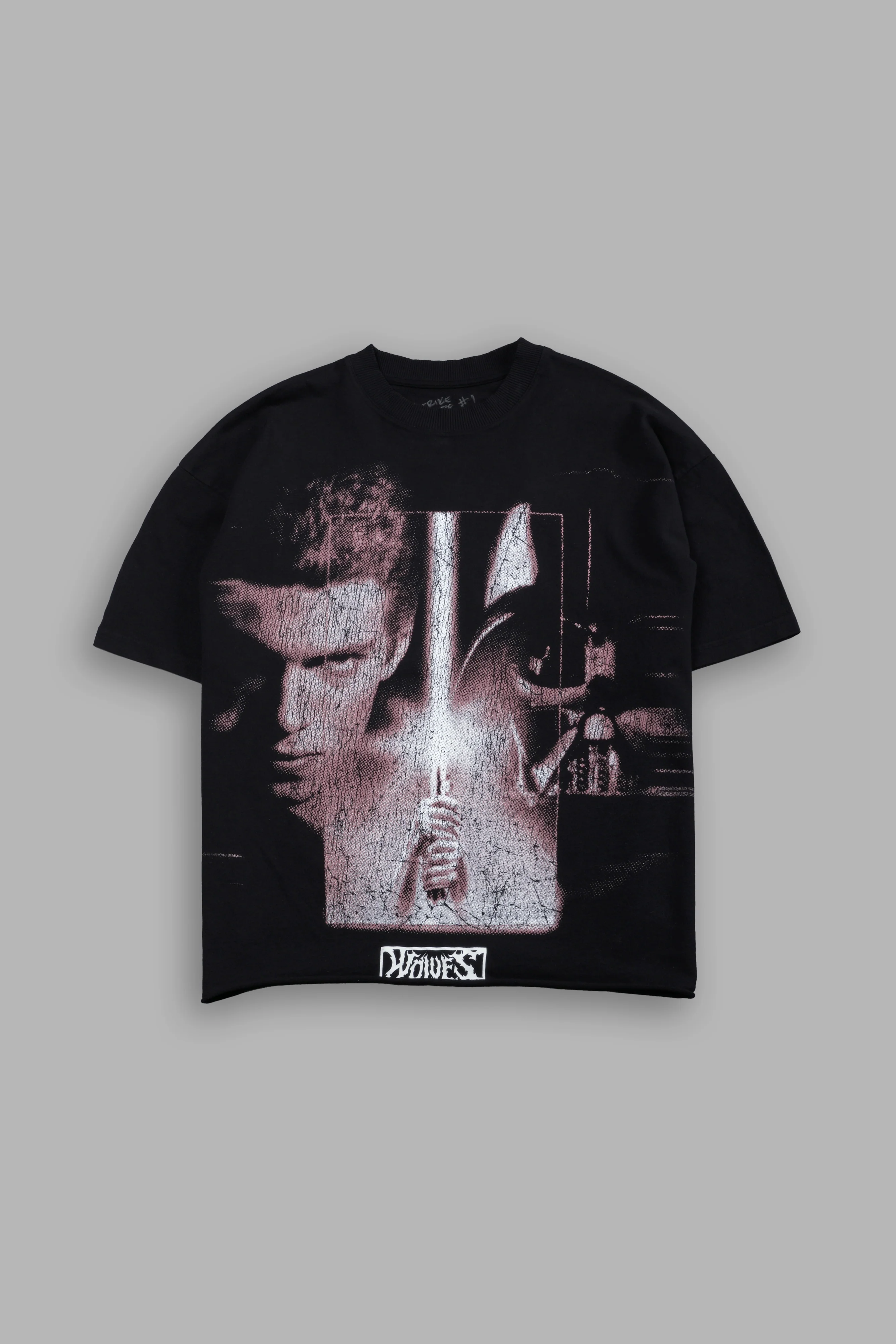 Awakened Power Grunge Mid Length Raw Hem Tee in Black