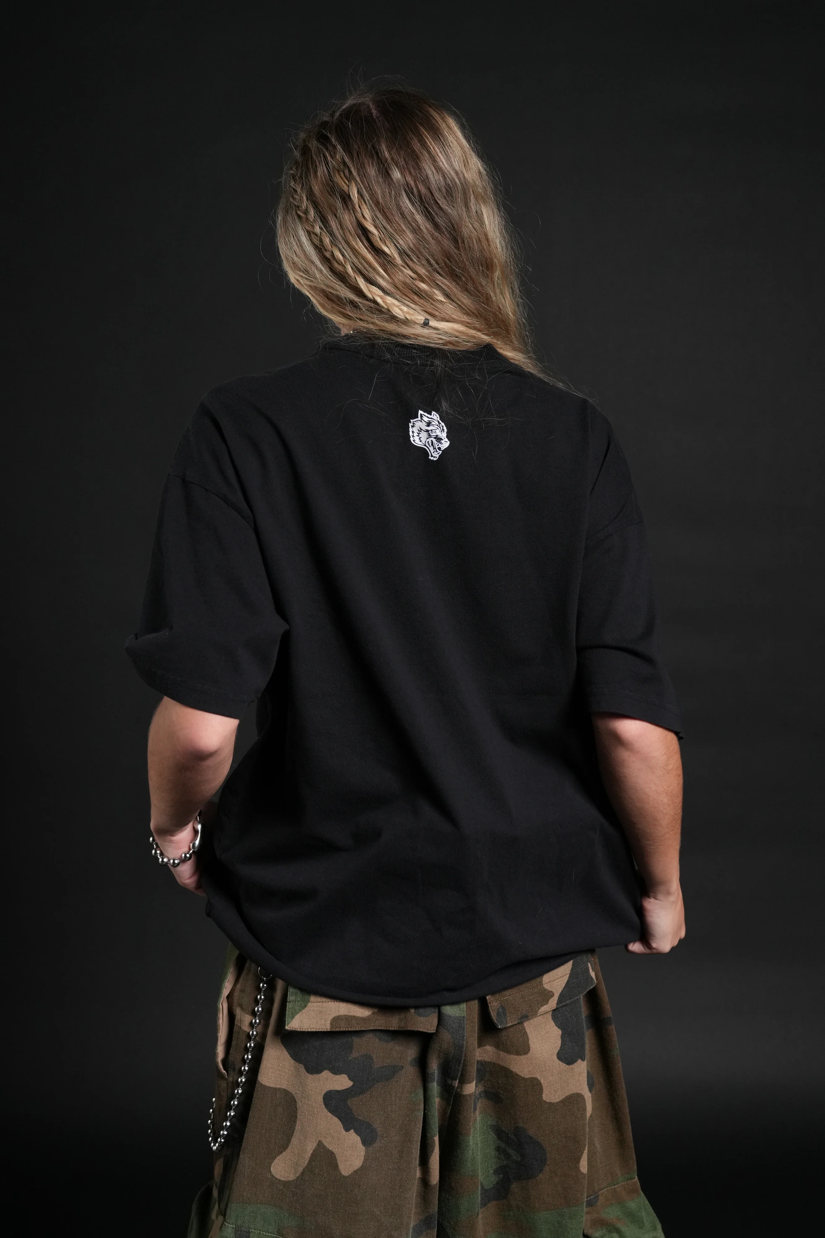 Awakened Power Grunge Mid Length Raw Hem Tee in Black - Image 2
