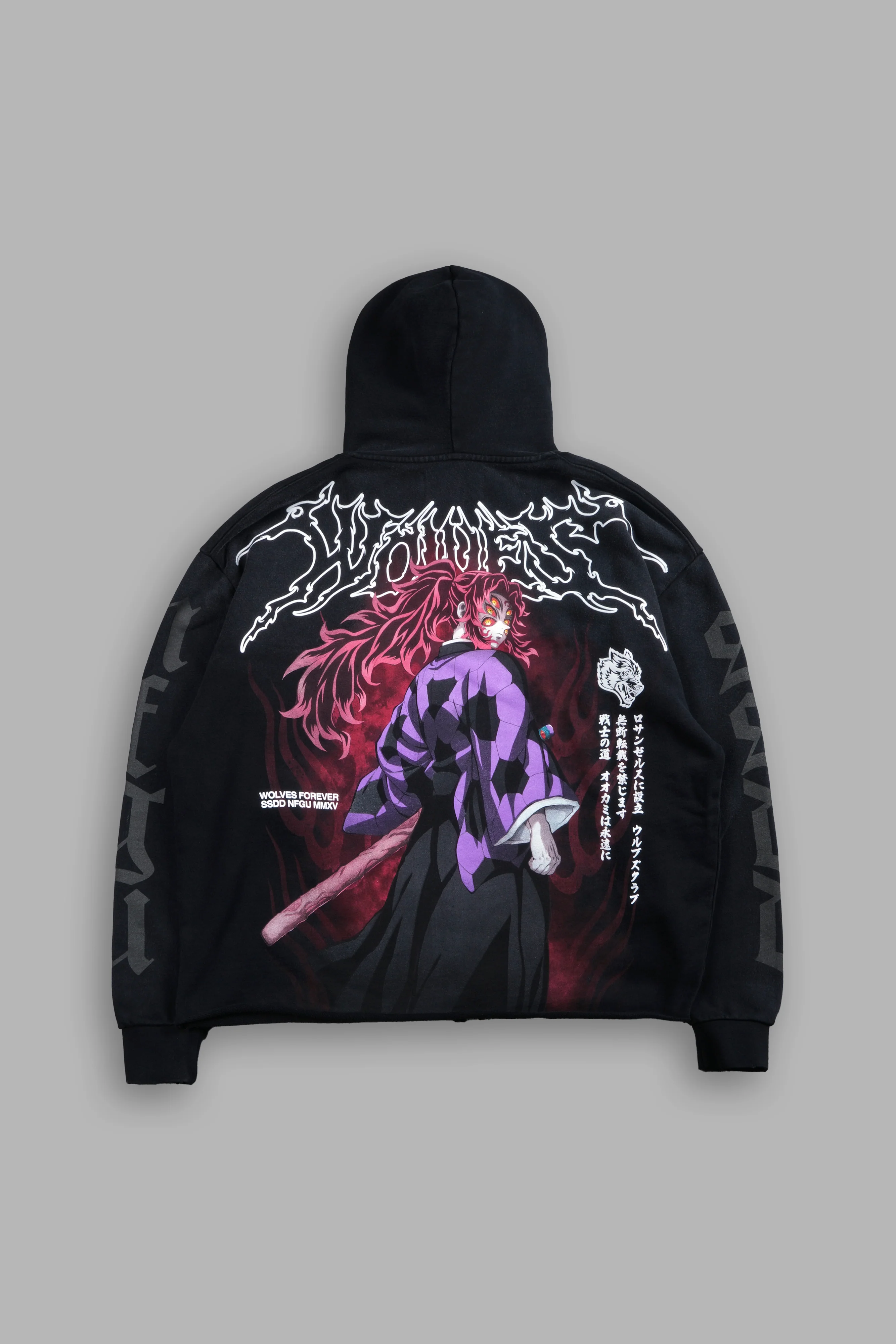 Blood Moon Distressed Grunge Mid Length Raw Hem Zip Hoodie in Black Sun Fade
