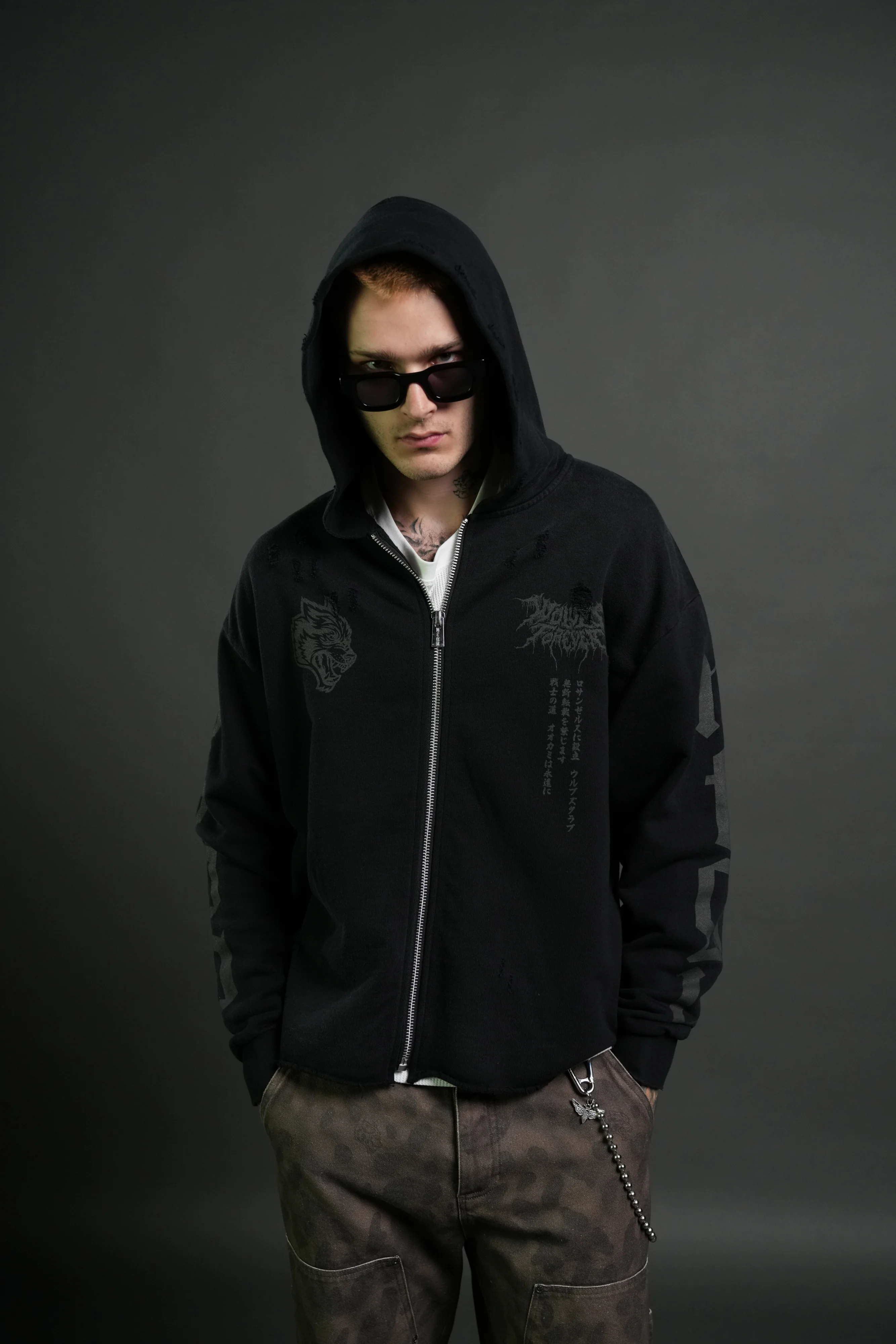 Blood Moon Distressed Grunge Mid Length Raw Hem Zip Hoodie in Black Sun Fade - Image 2