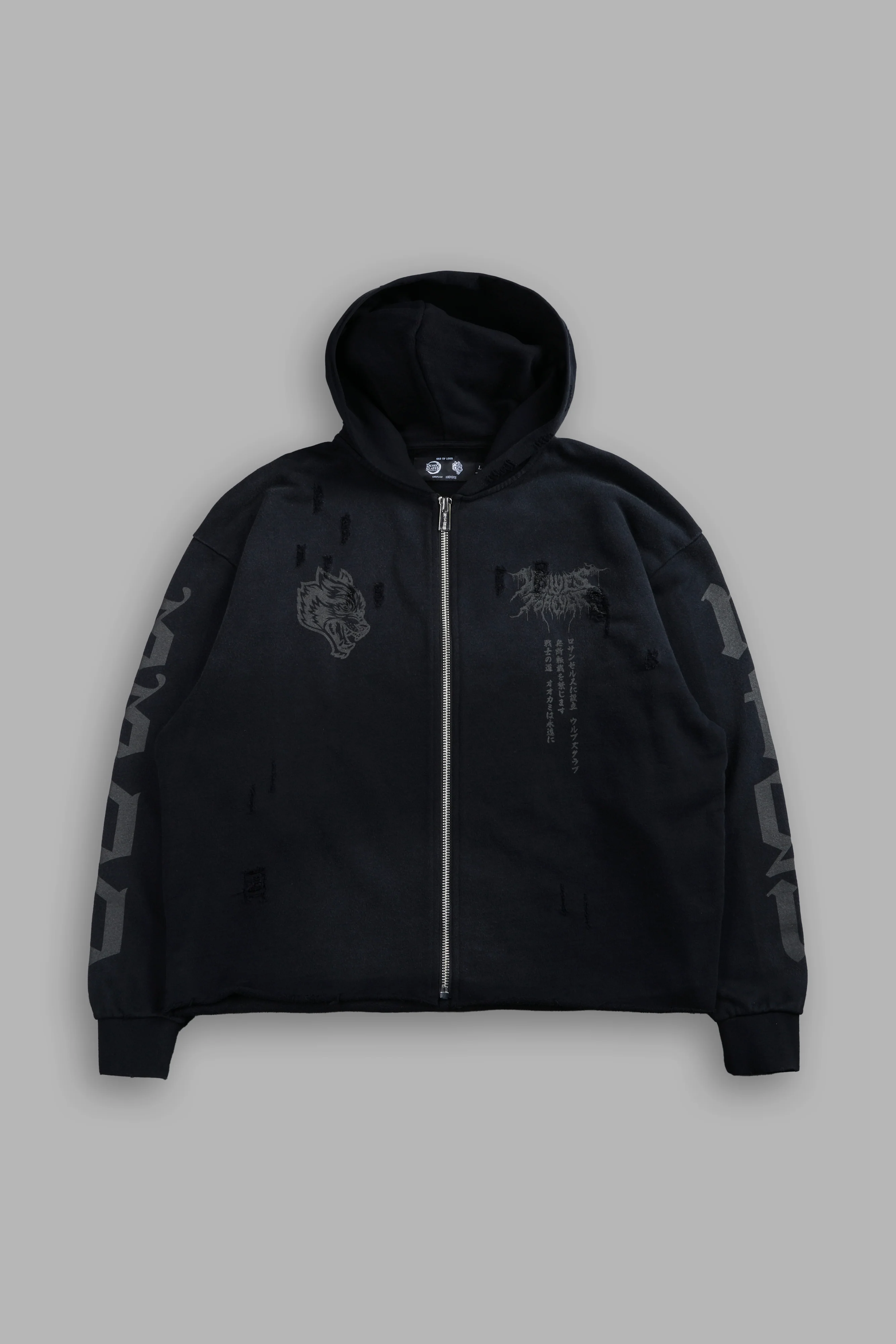 Blood Moon Distressed Grunge Mid Length Raw Hem Zip Hoodie in Black Sun Fade - Image 3