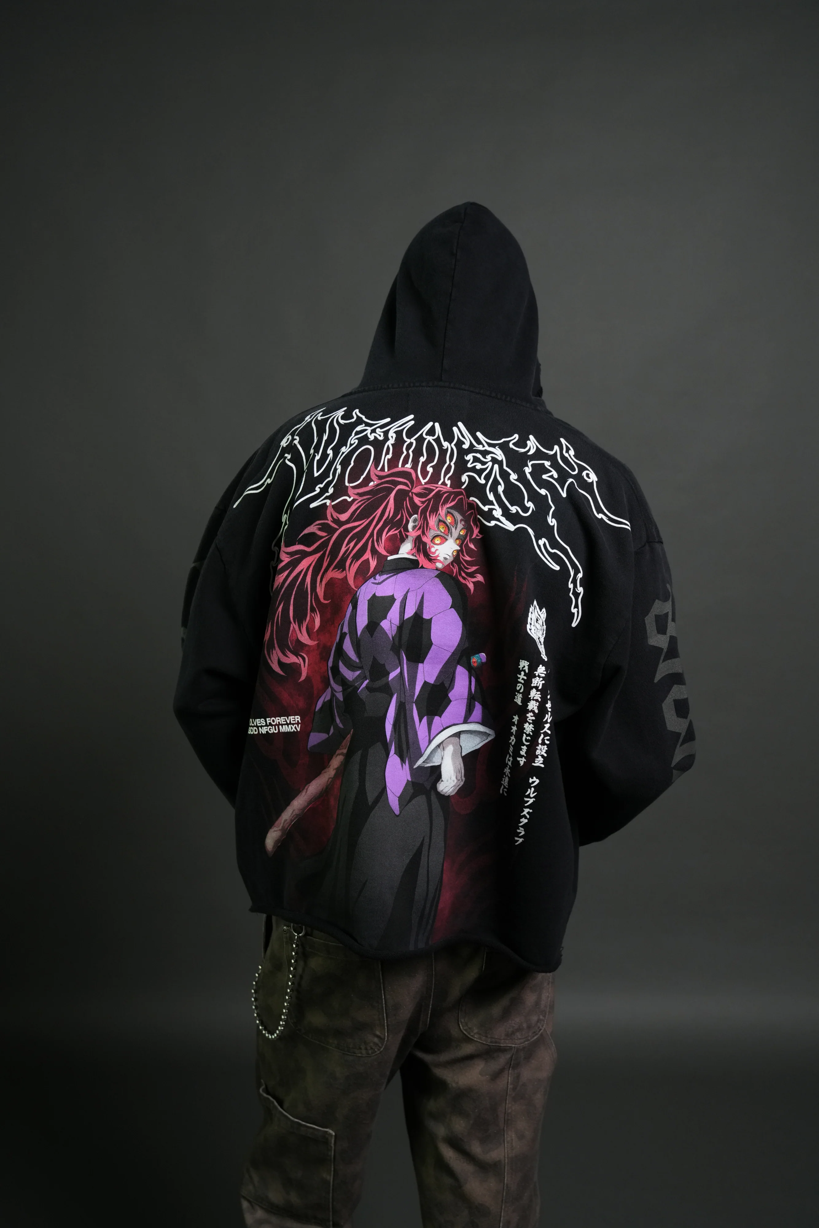 Blood Moon Distressed Grunge Mid Length Raw Hem Zip Hoodie in Black Sun Fade - Image 4
