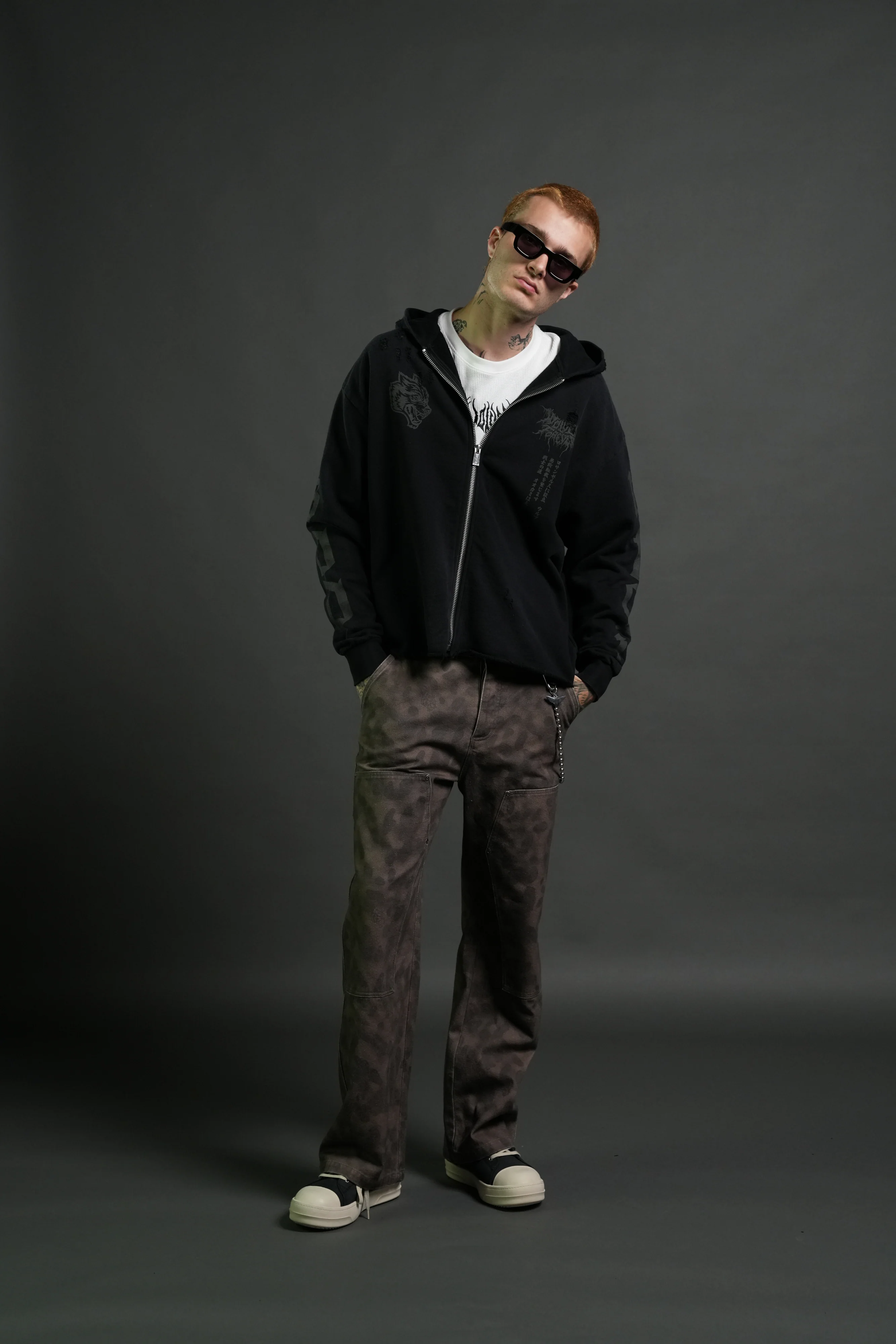 Blood Moon Distressed Grunge Mid Length Raw Hem Zip Hoodie in Black Sun Fade - Image 5