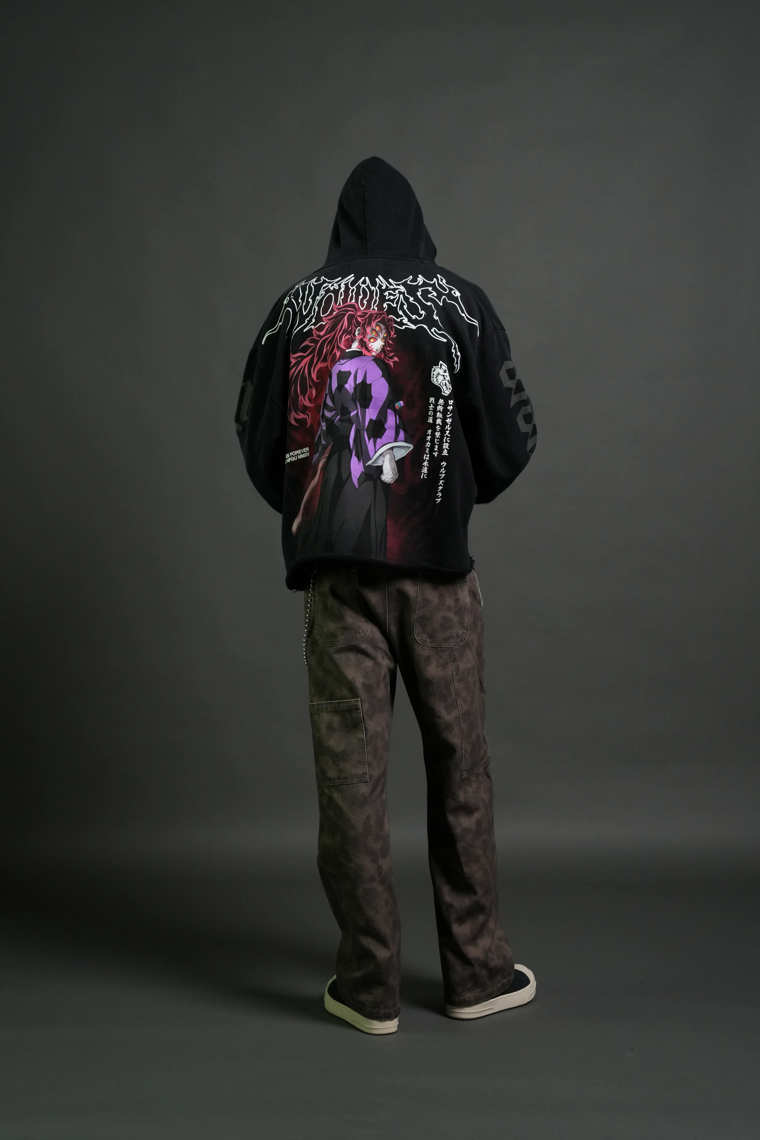 Blood Moon Distressed Grunge Mid Length Raw Hem Zip Hoodie in Black Sun Fade - Image 6