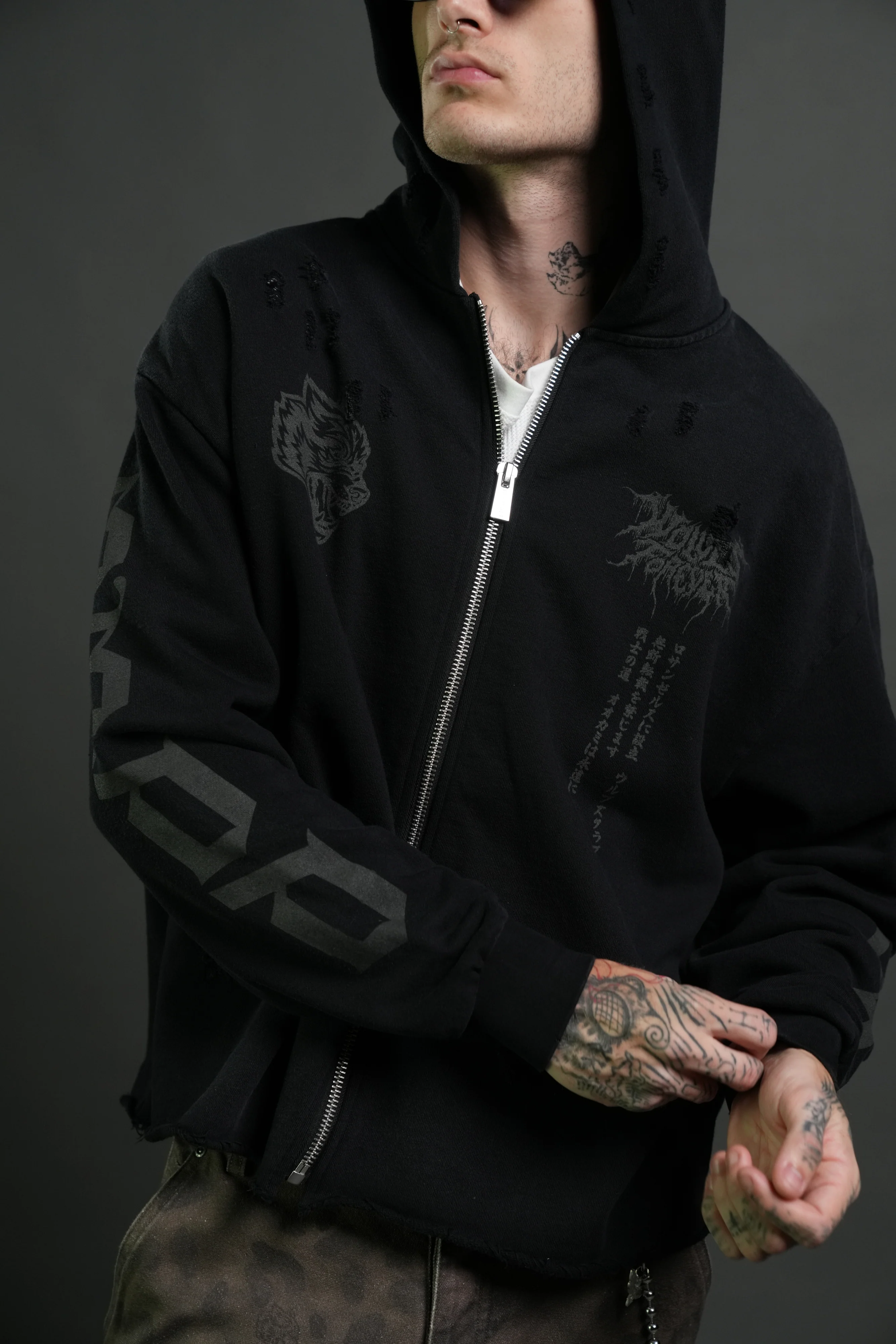 Blood Moon Distressed Grunge Mid Length Raw Hem Zip Hoodie in Black Sun Fade - Image 7