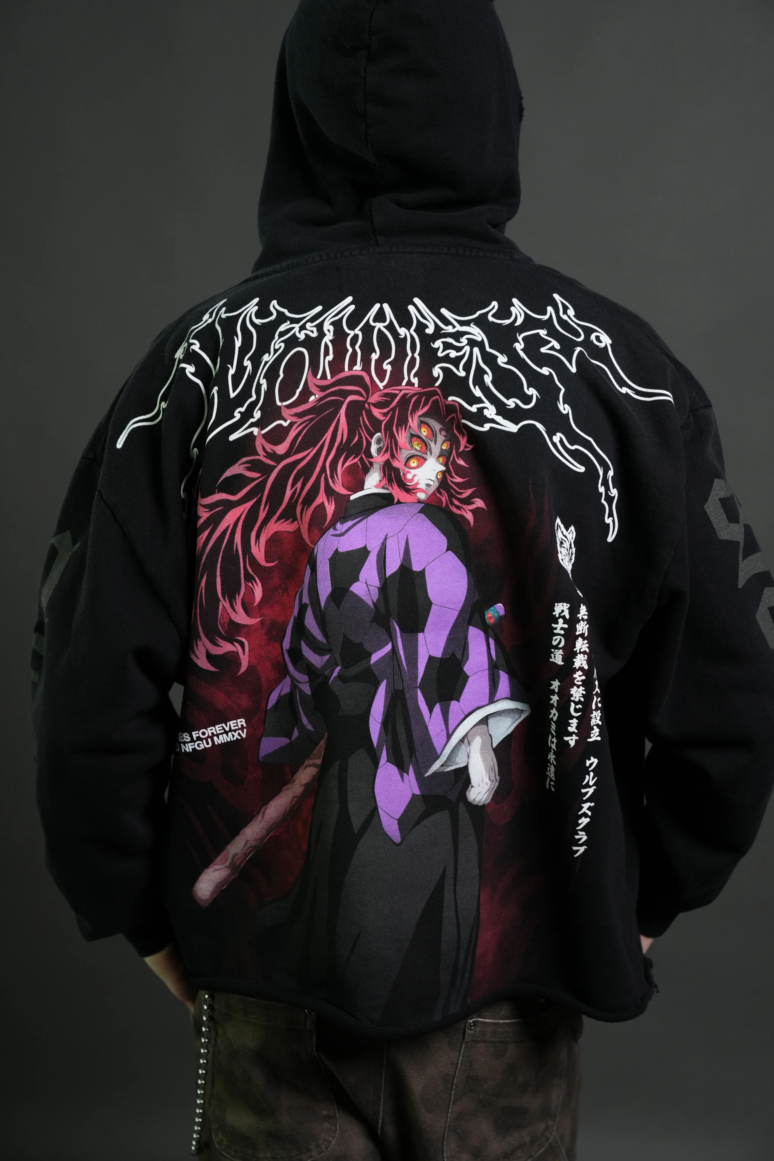 Blood Moon Distressed Grunge Mid Length Raw Hem Zip Hoodie in Black Sun Fade - Image 8
