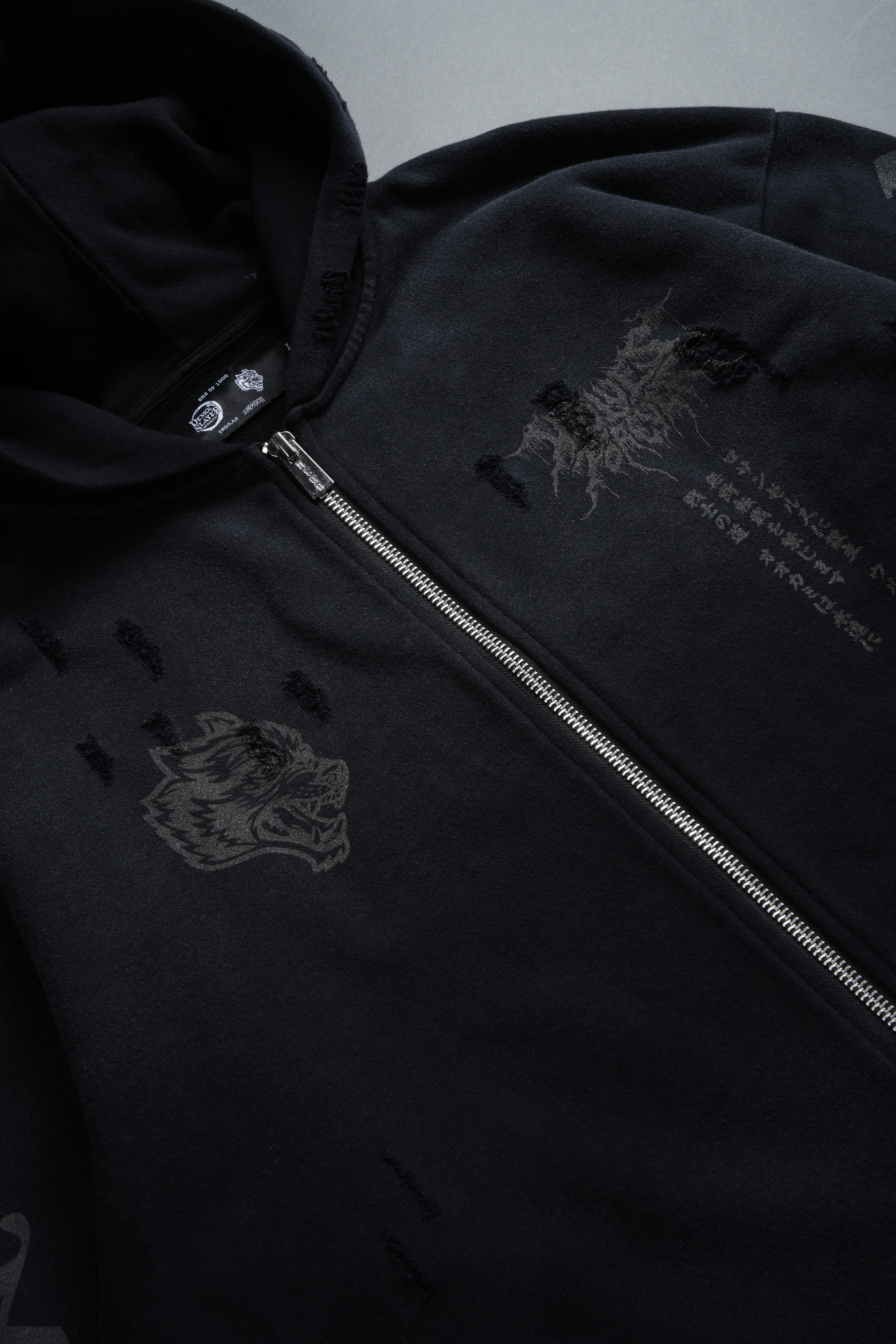 Blood Moon Distressed Grunge Mid Length Raw Hem Zip Hoodie in Black Sun Fade - Image 9