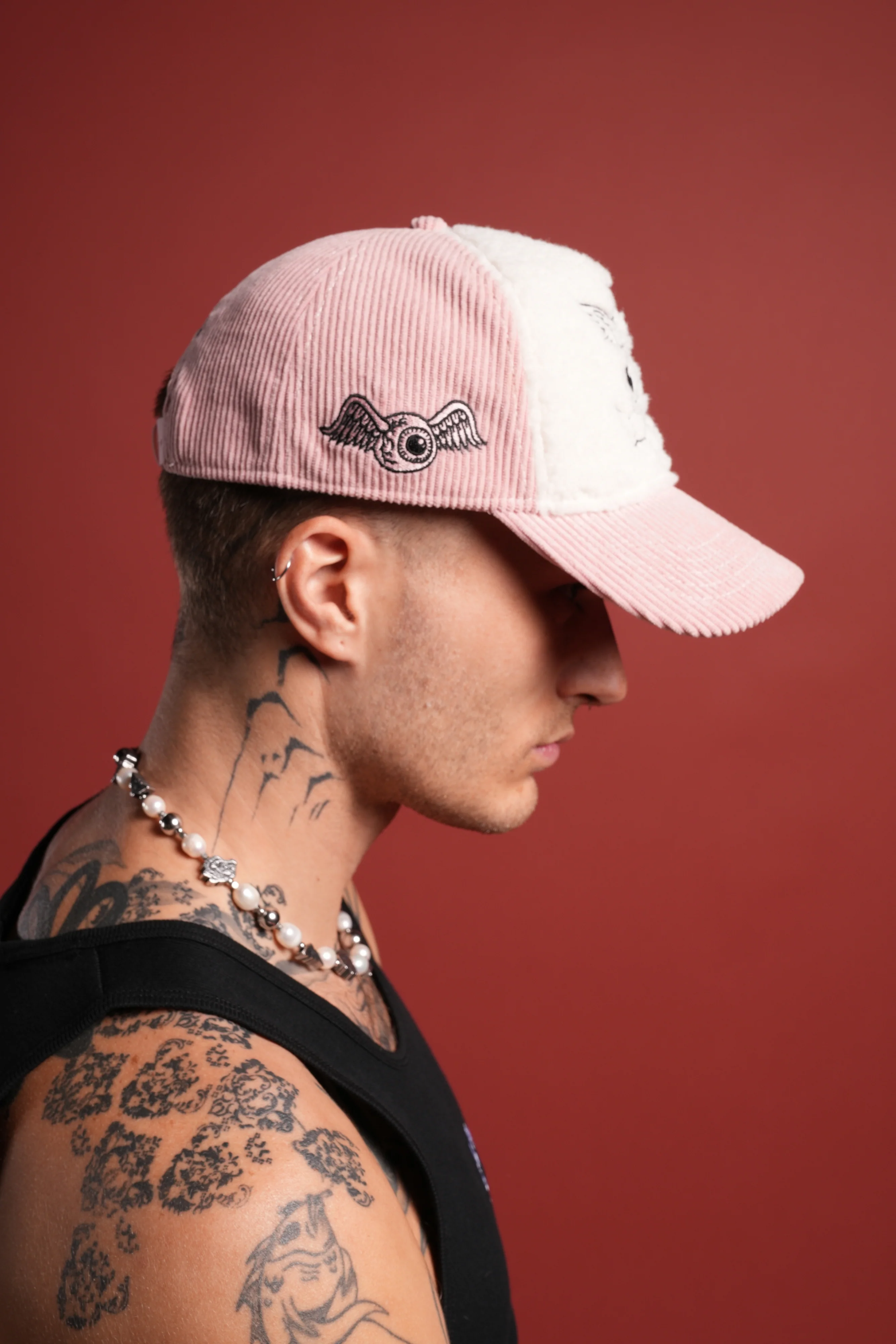 Cherub Eyeball Corduroy Trucker Hat in Bubblegum - Image 6