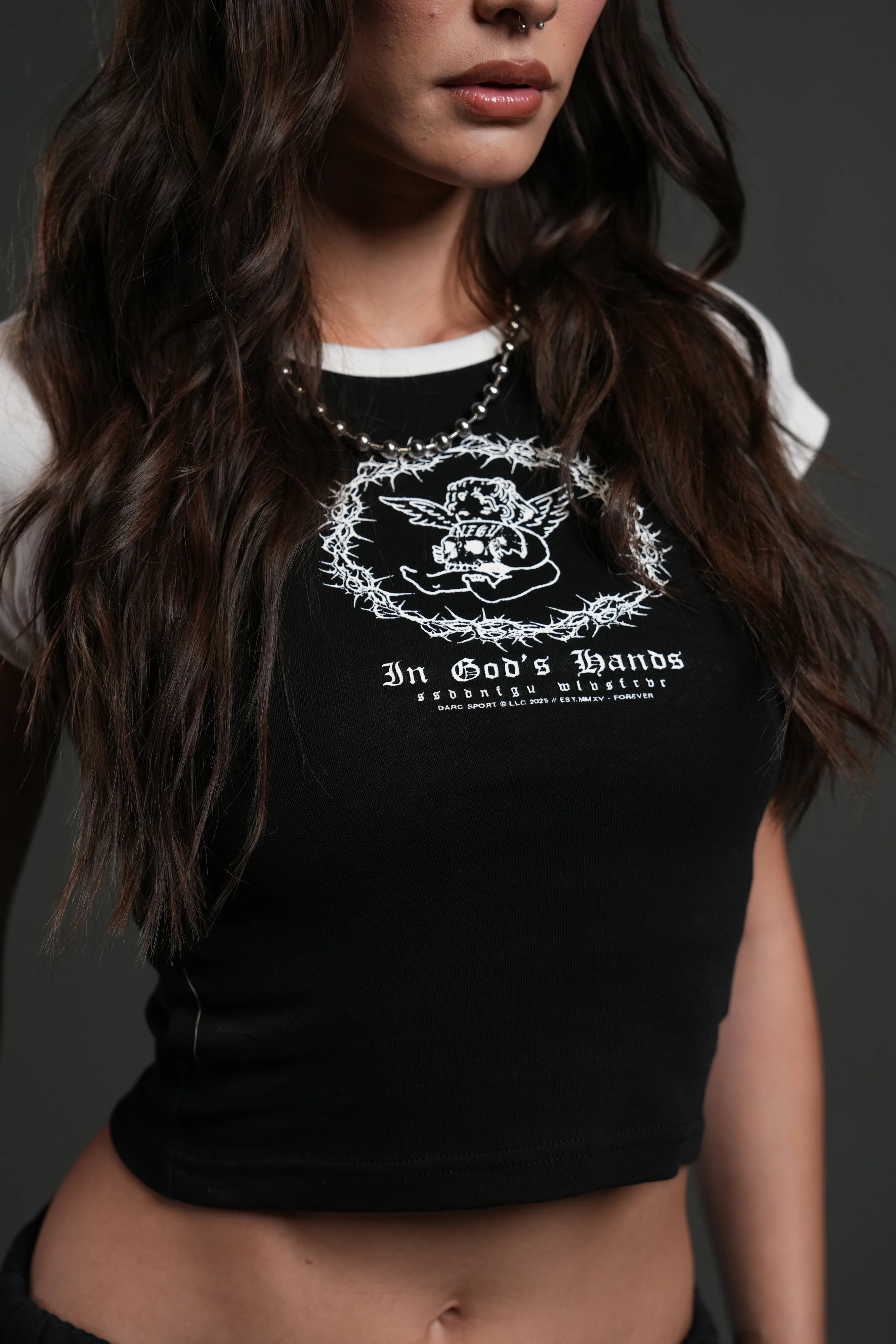 Cherub's Oath Lina Raglan "Baby" Tee in Black/Cream - Image 4