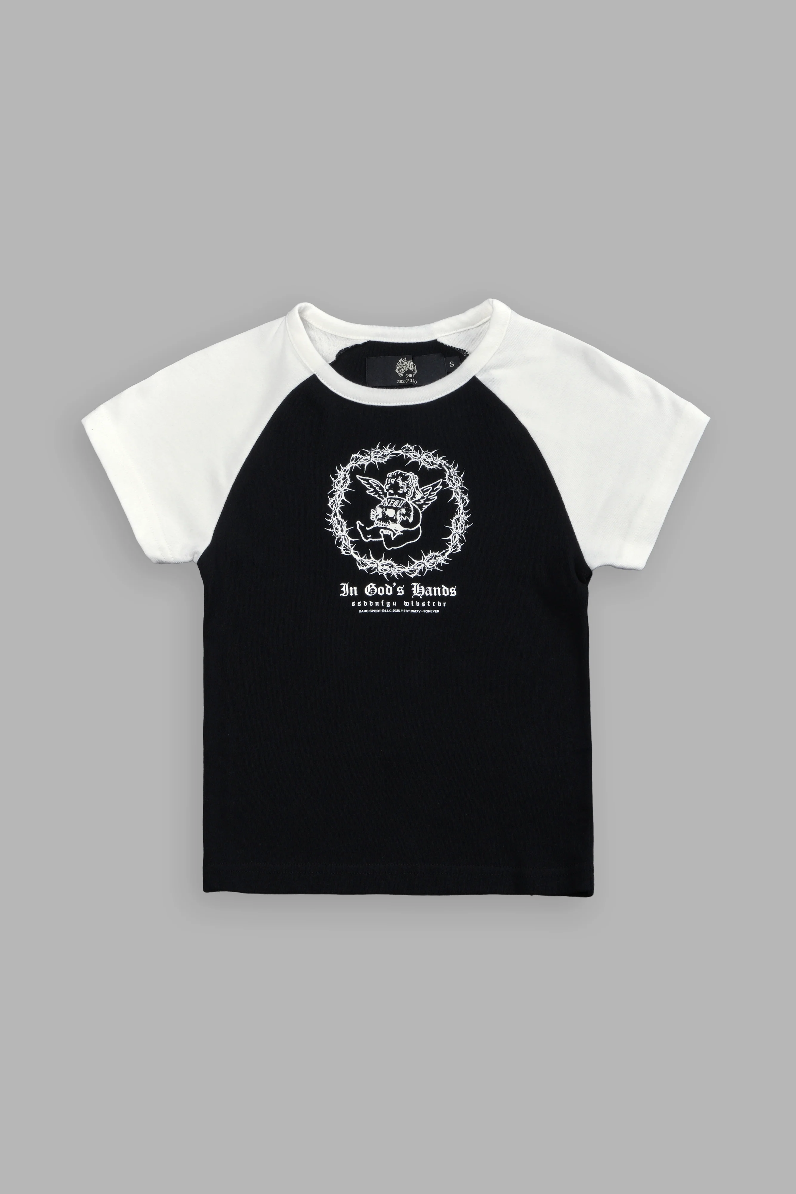 Cherub's Oath Lina Raglan "Baby" Tee in Black/Cream - Image 5