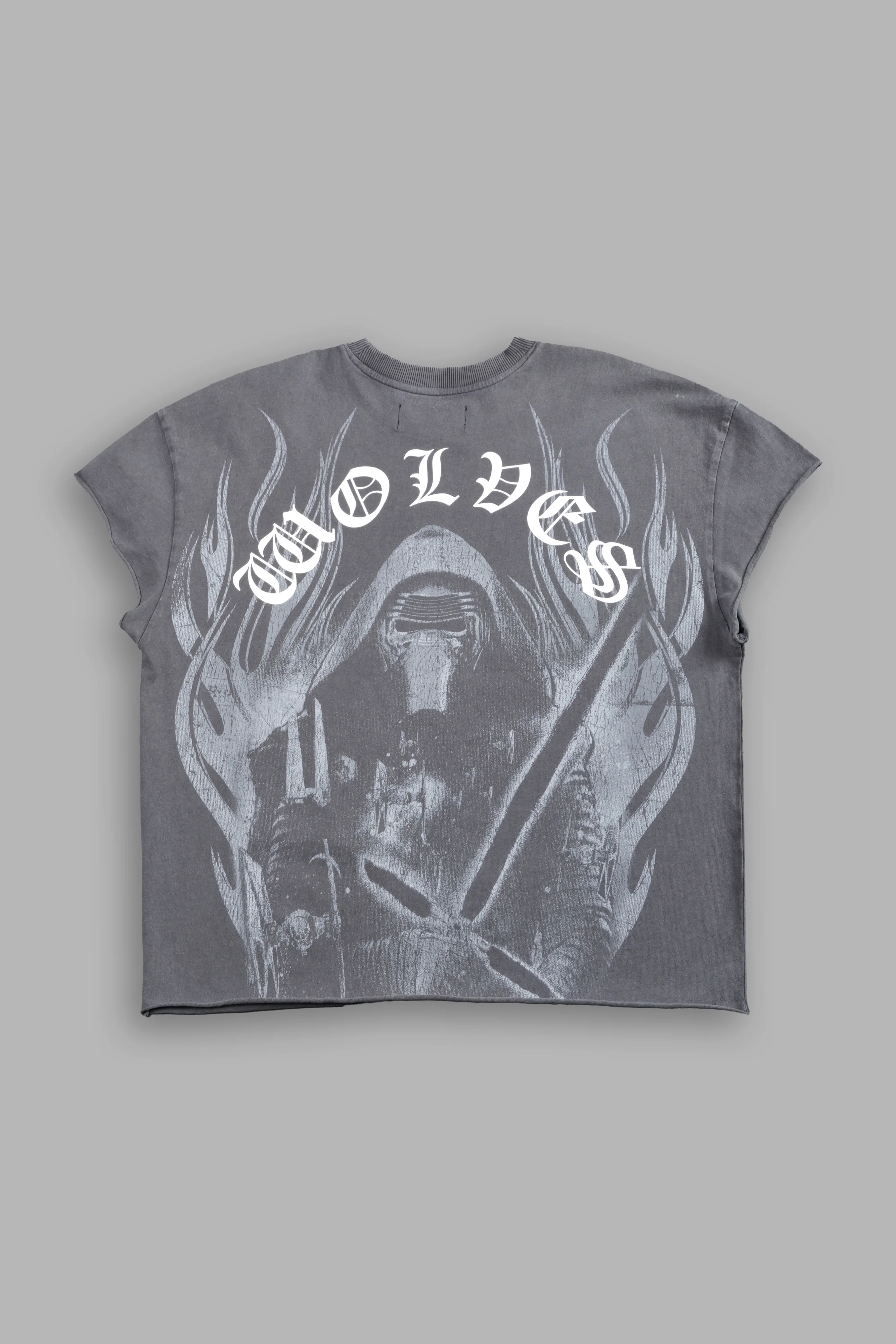Crossguard's Fury Grunge Mid Length Raw Hem Cap Sleeve Tee in Slate Gray