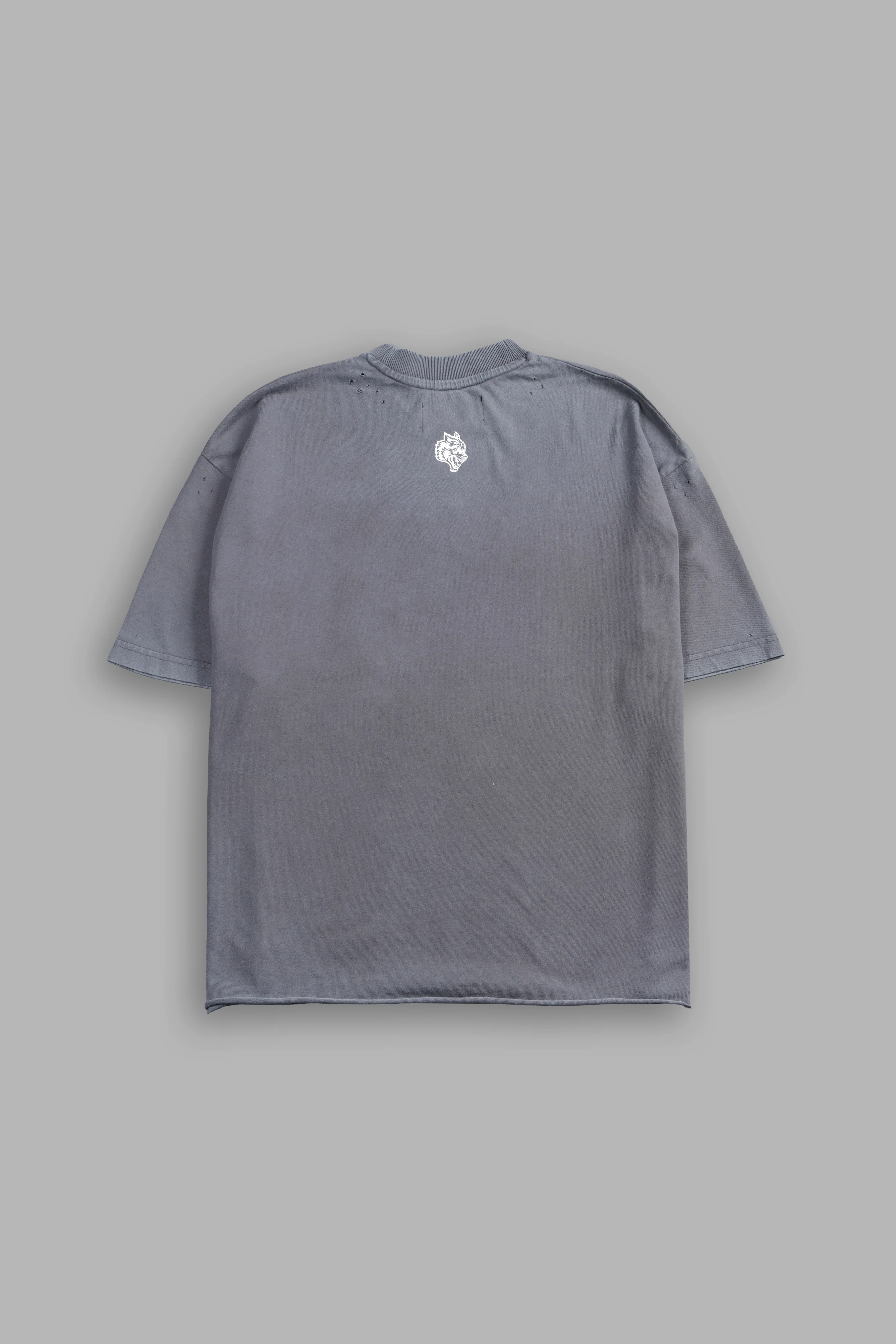 Darc Blossom Distressed Grunge Mid Length Raw Hem Tee in Slate Gray - Image 3