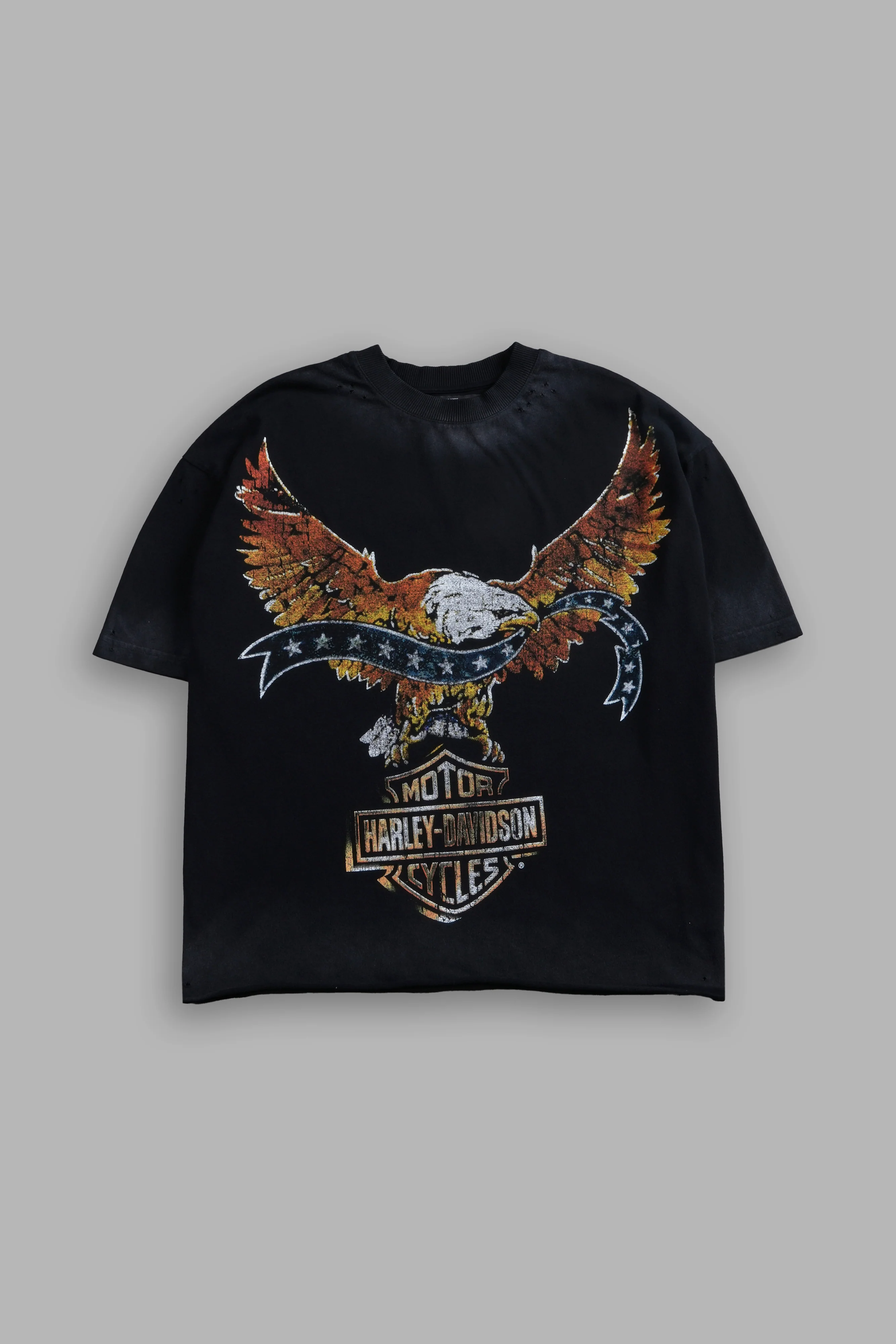 Darc Eagle Distressed Grunge Mid-Length Raw Hem Tee in Black Drift Wash