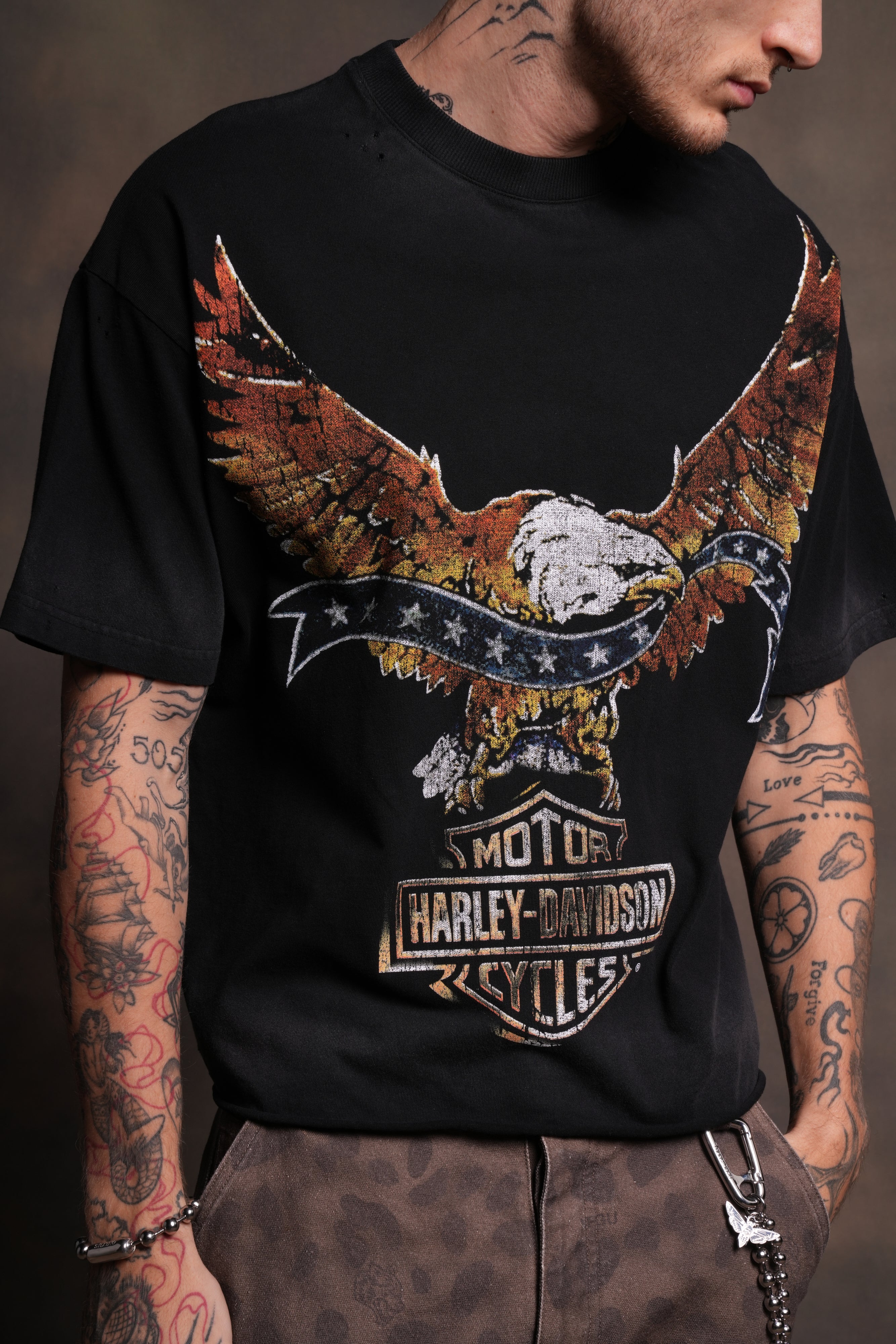 Darc Eagle Distressed Grunge Mid-Length Raw Hem Tee in Black Drift Wash - Image 7