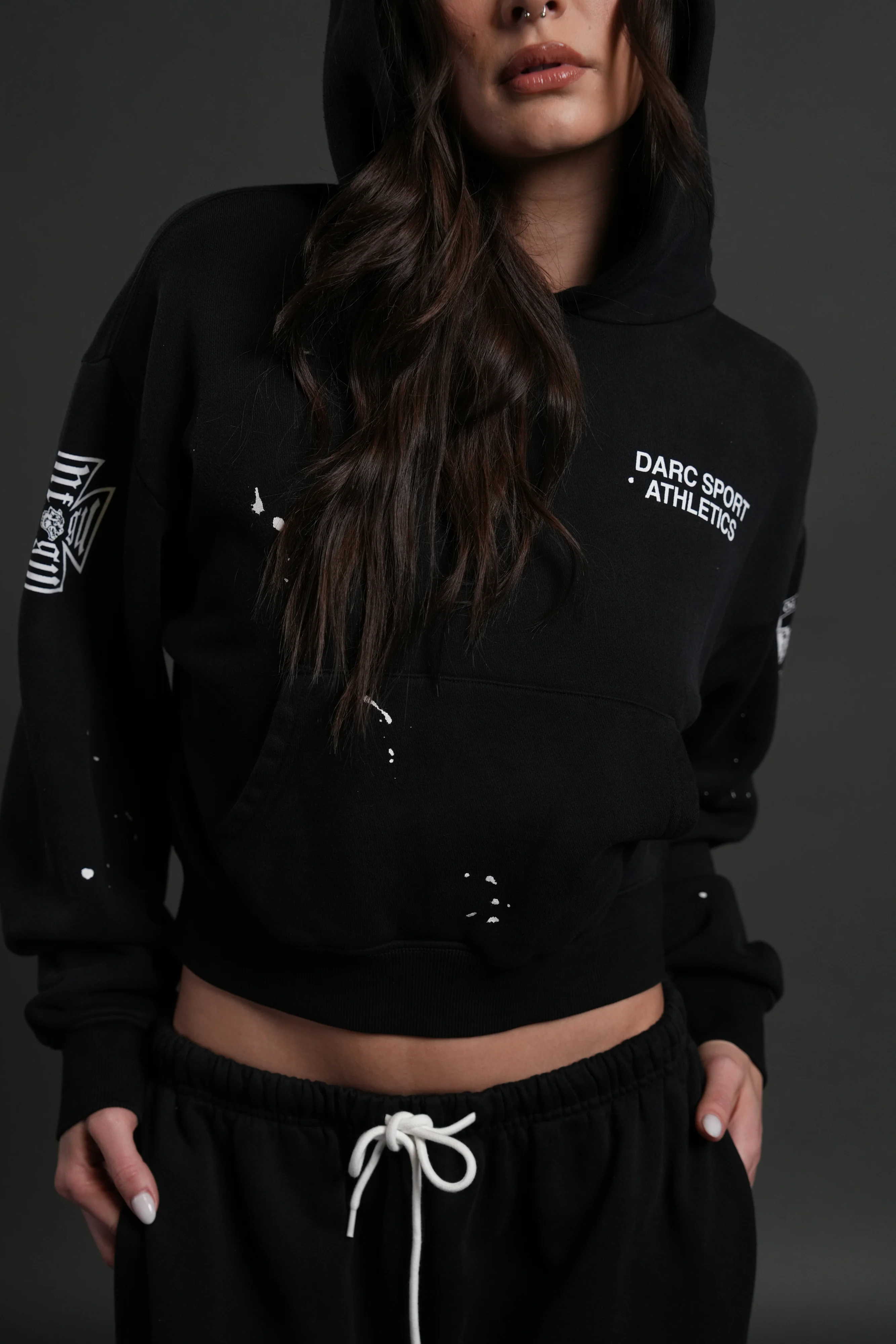 Darc Sport Athletics Owen Cropped Hoodie in Black Drift Wash - Image 3