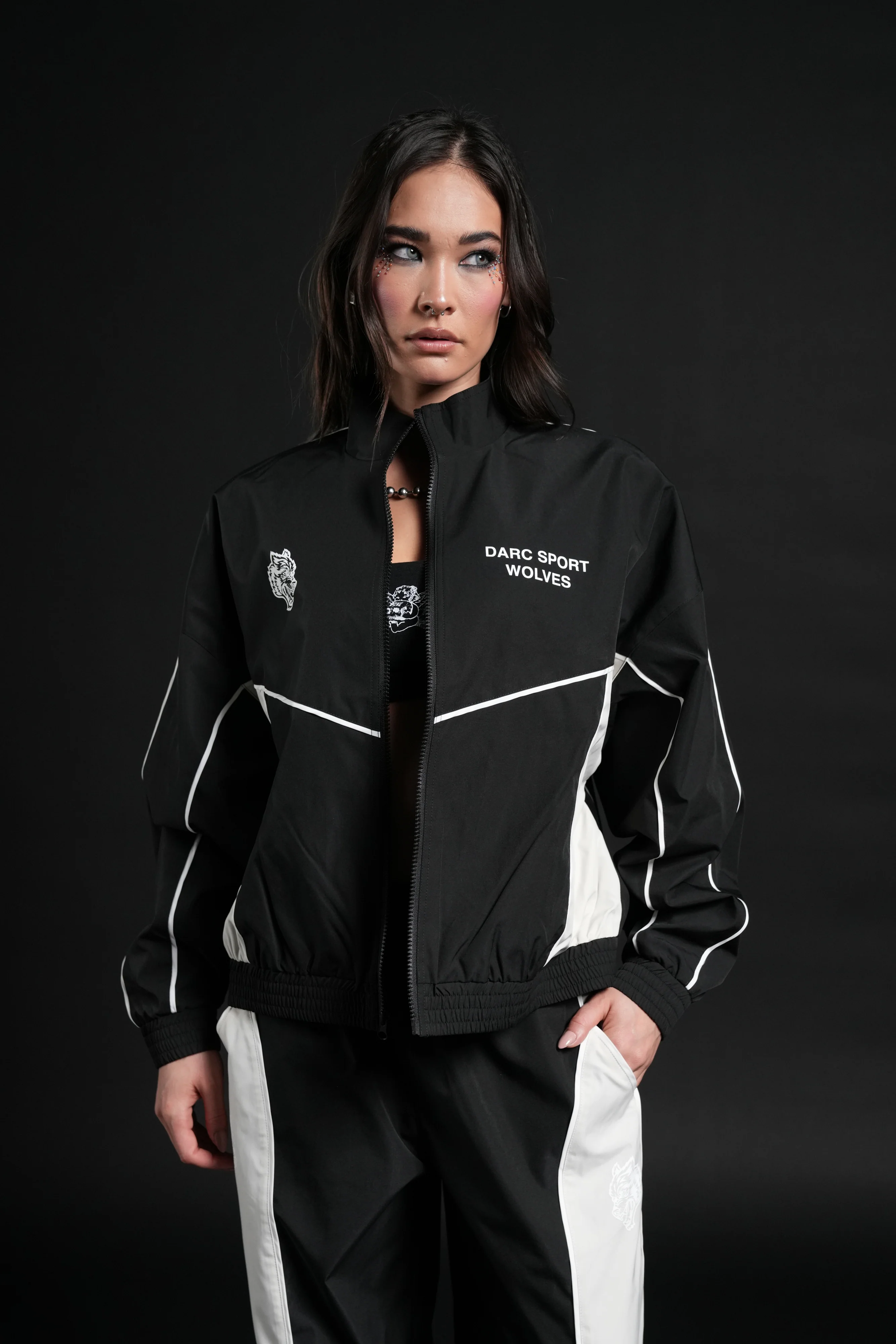 Darc Sport Wolves Unisex Pyramid Quinn Track Jacket in Black/Sand - Image 10