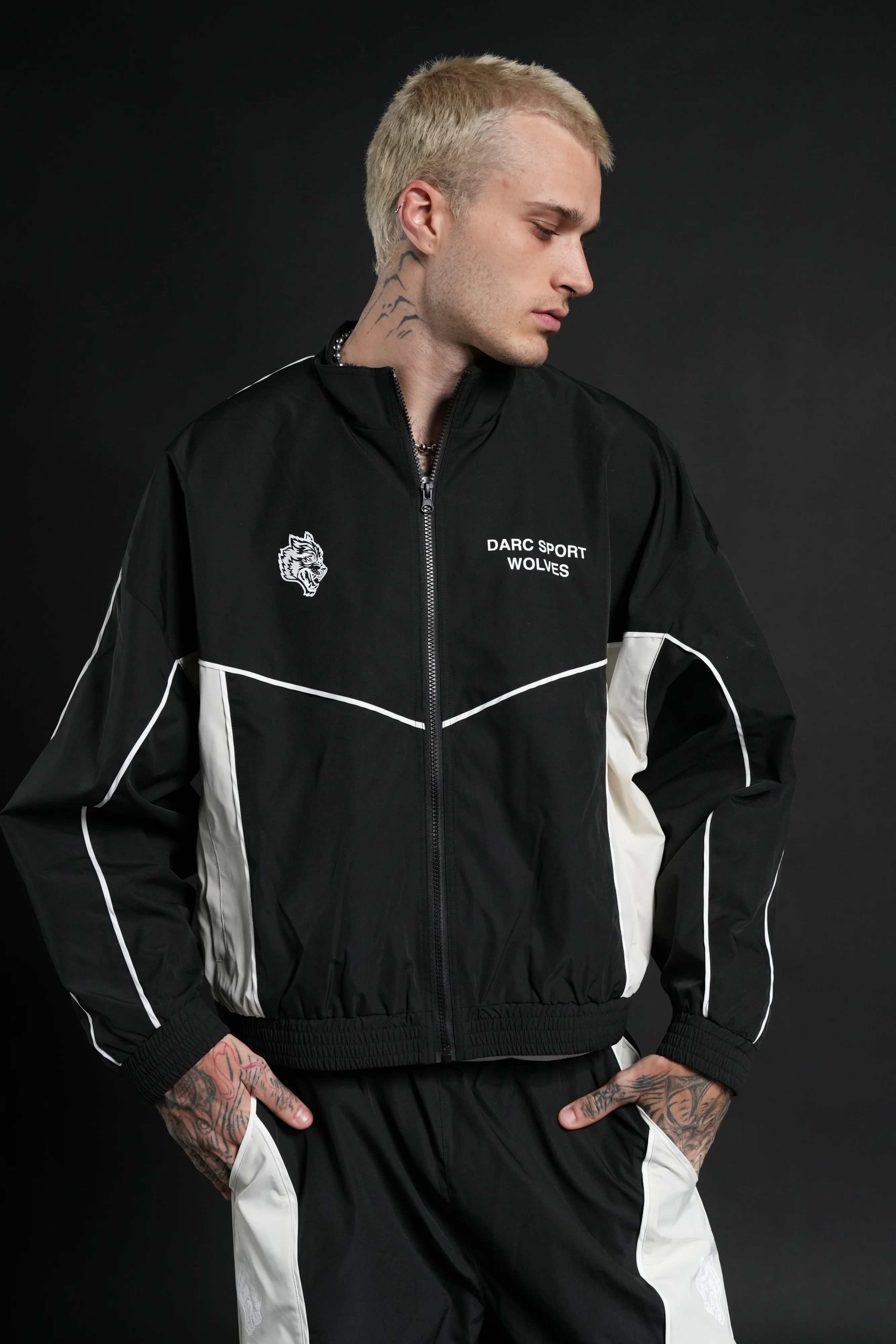 Darc Sport Wolves Unisex Pyramid Quinn Track Jacket in Black/Sand - Image 4
