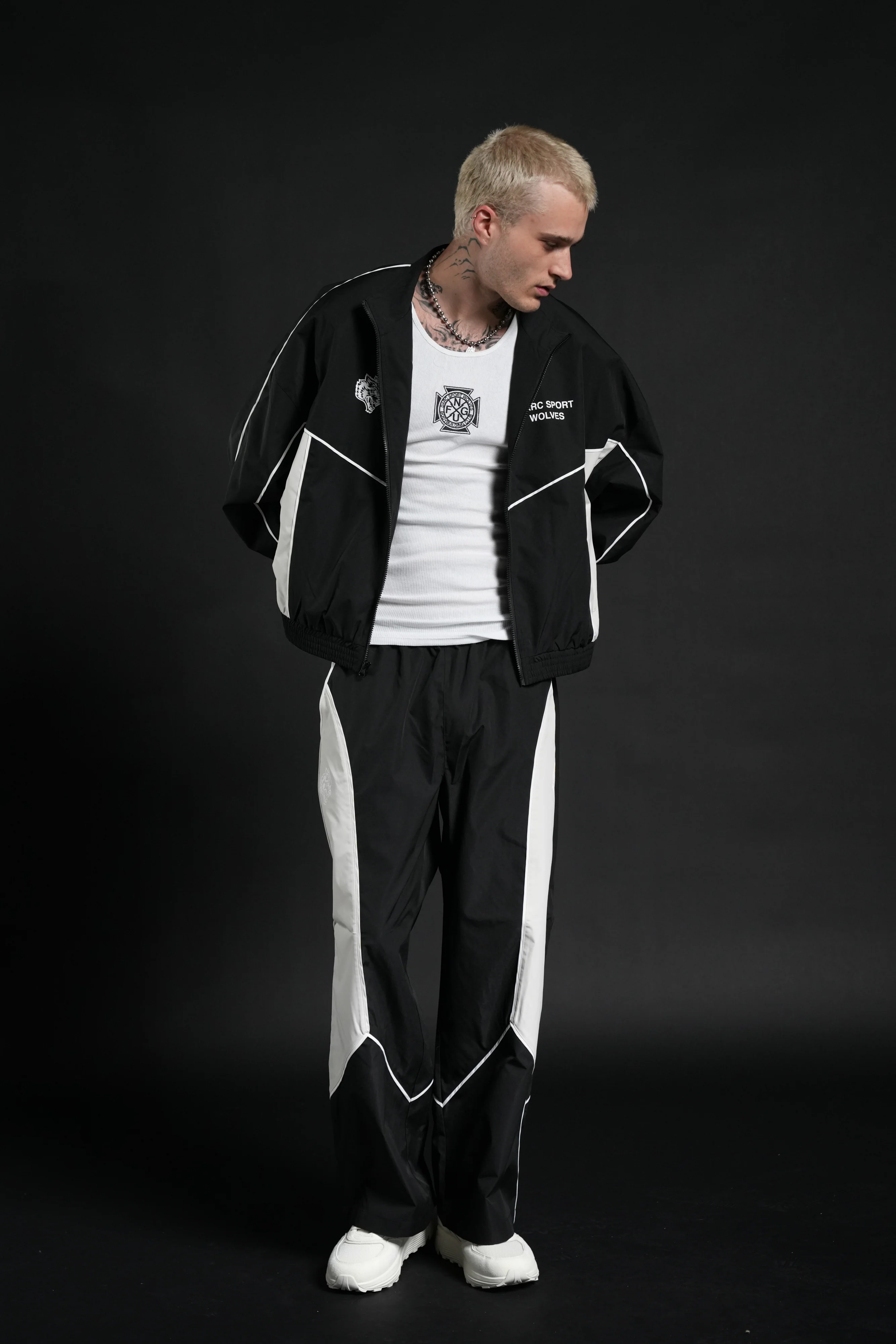 Darc Sport Wolves Unisex Pyramid Quinn Track Jacket in Black/Sand - Image 5