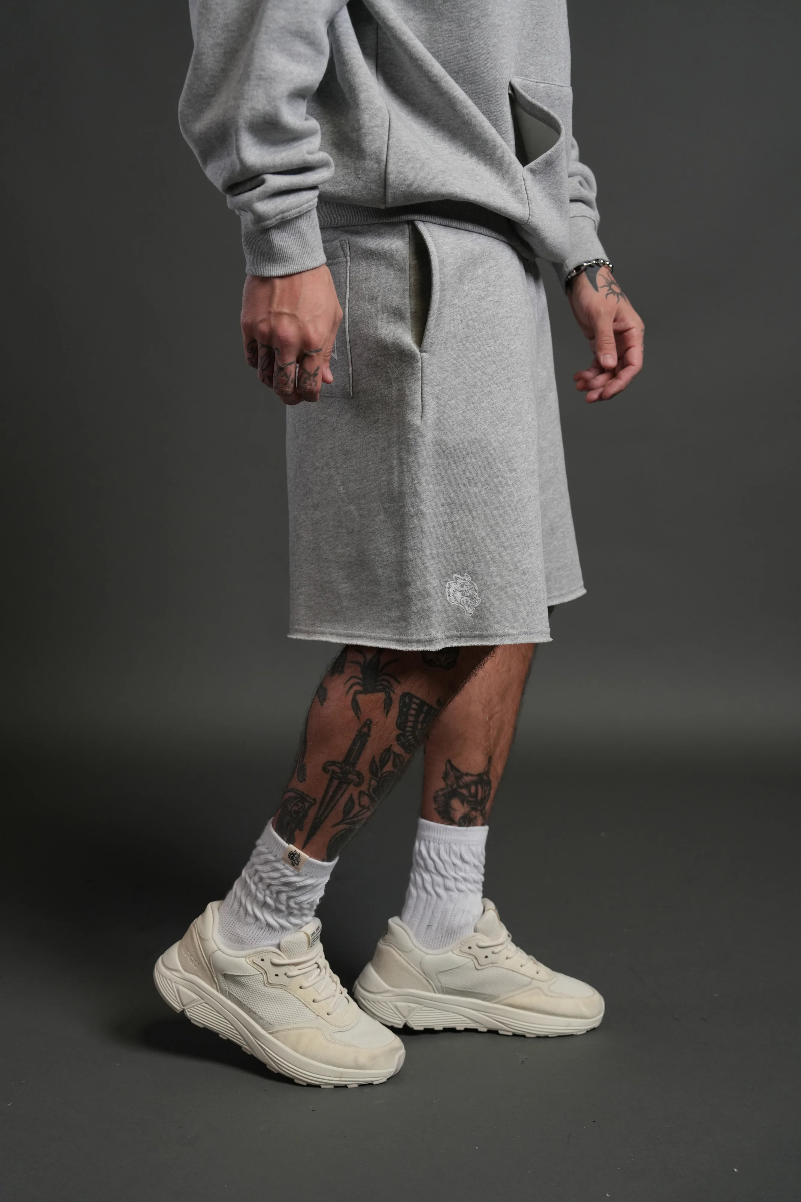 Dual Core Raw Hem Oversized Post Lounge Sweat Shorts in Light Athletic Gray - Image 5