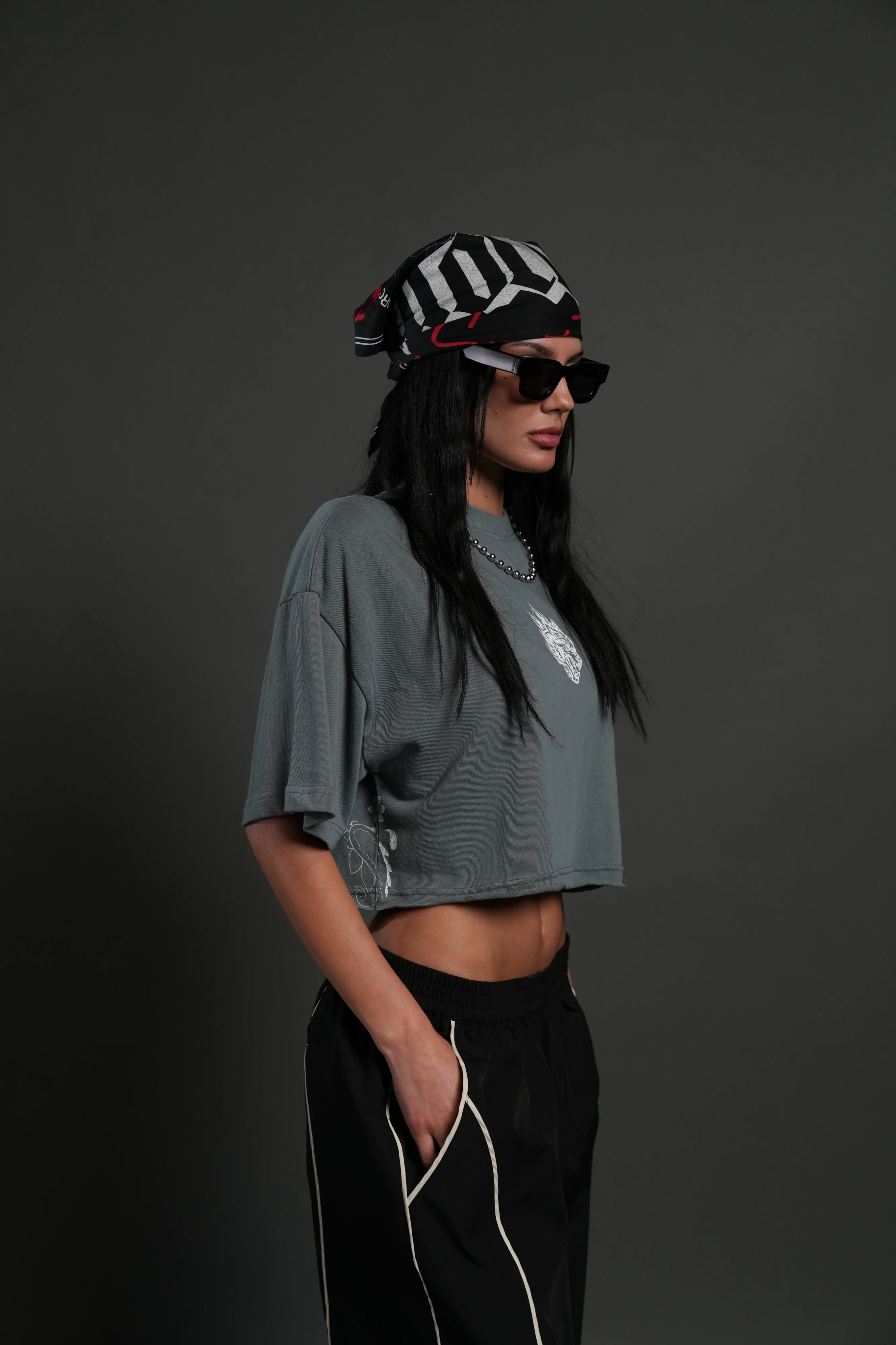Faded Paisley Premium Oversized Cropped Tee in Greek Stone - Image 2