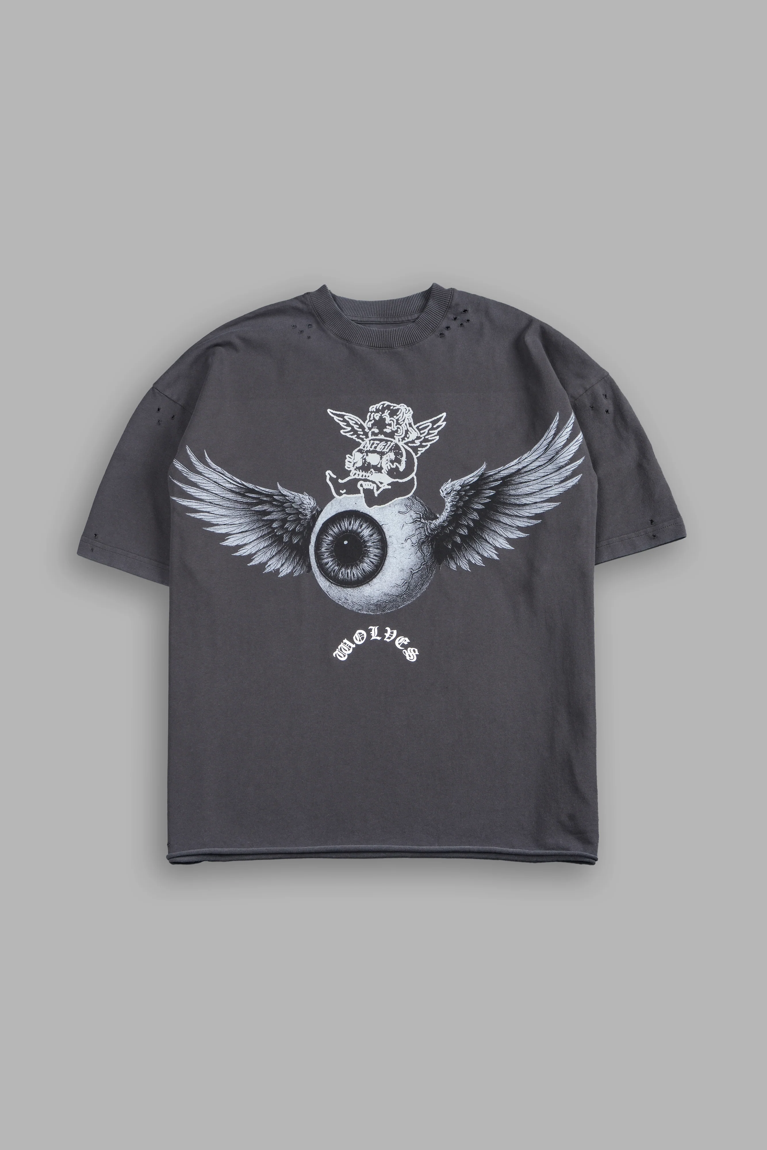 Flight Club Distressed Grunge Mid-Length Raw Hem Tee in Wolf Gray