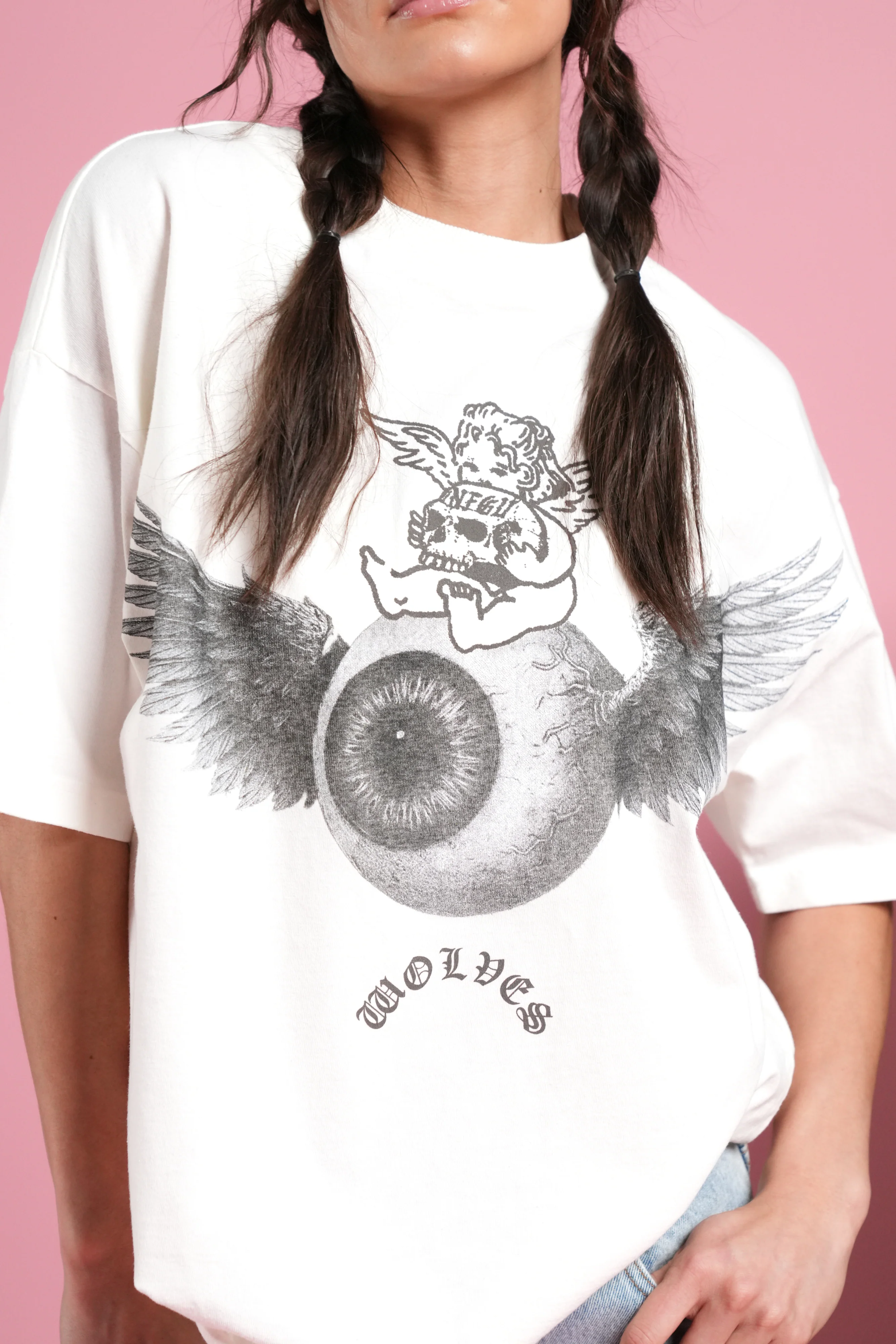 Flight Club V2 Grunge Mid Length Raw Hem Tee in Cream - Image 13