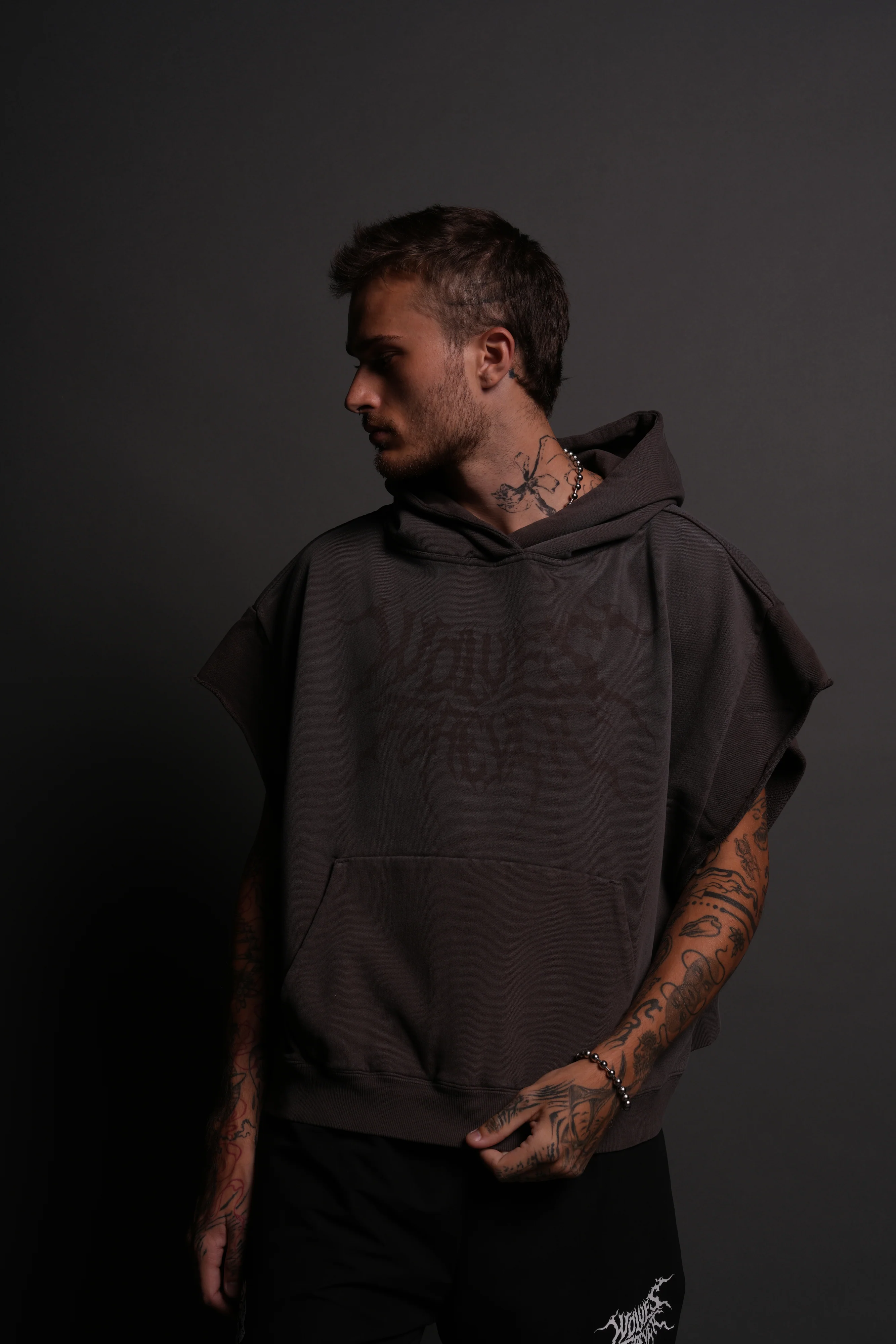 Forged From Iron Grunge Gage Cap Sleeve Hoodie in Darc Brown Horizon Sun Fade - Image 2