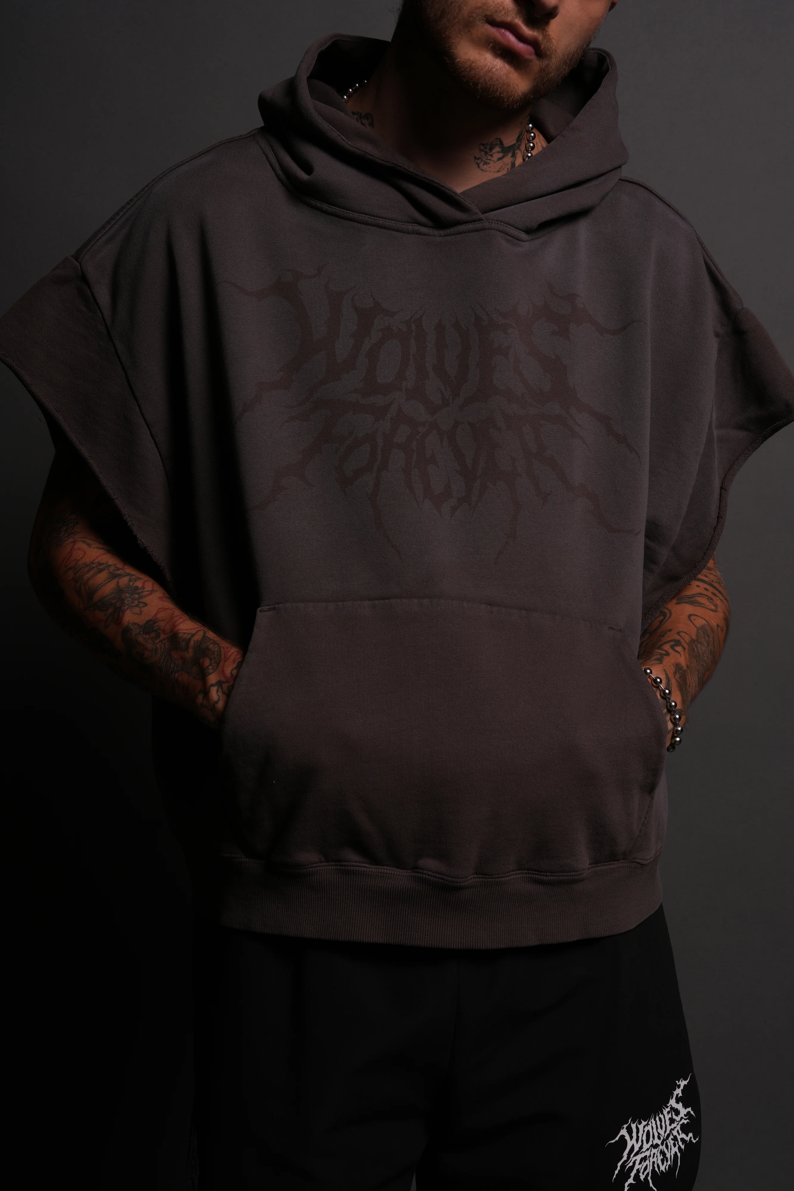 Forged From Iron Grunge Gage Cap Sleeve Hoodie in Darc Brown Horizon Sun Fade - Image 4