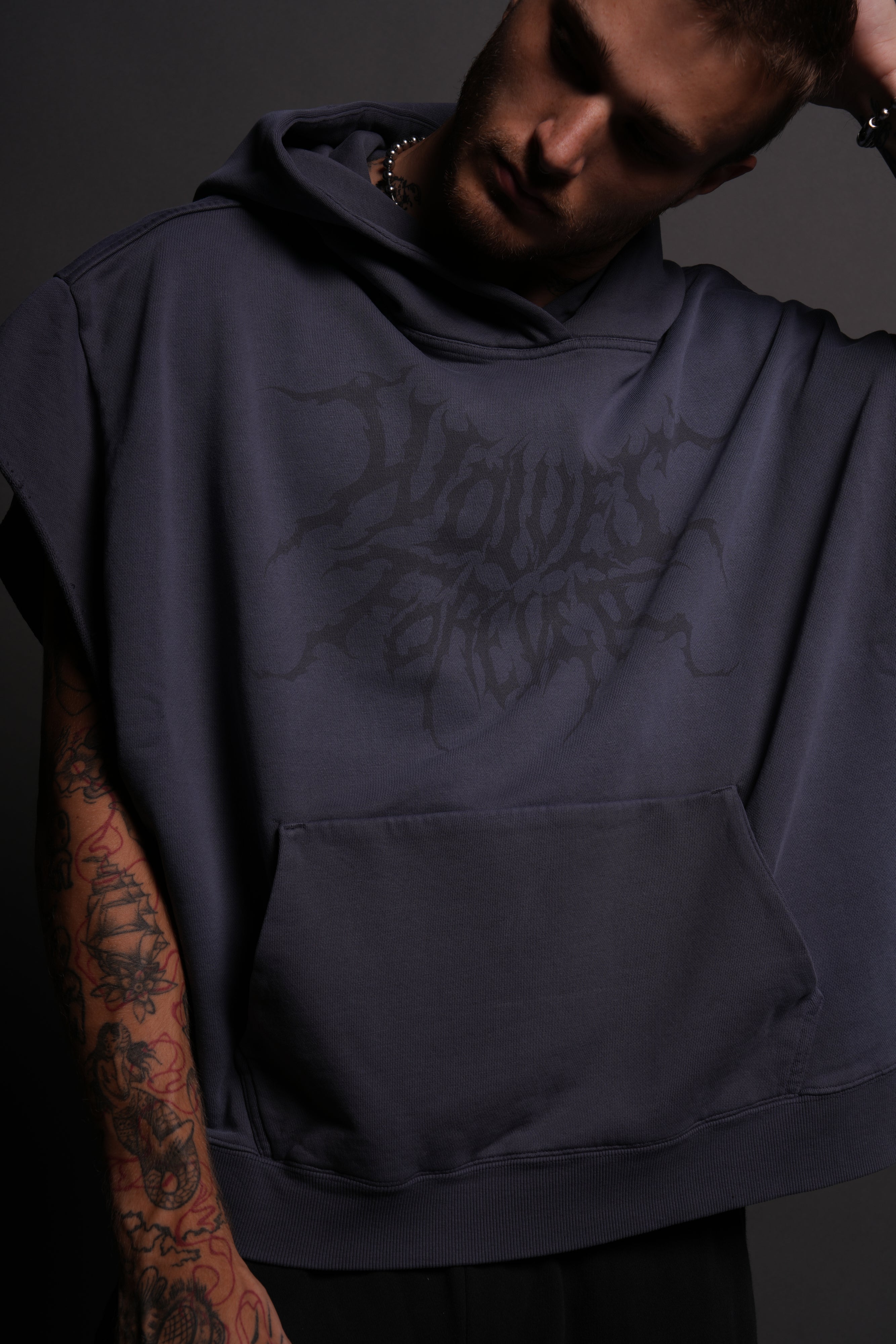 Forged From Iron Grunge Gage Cap Sleeve Hoodie in Midnight Blue Horizon Sun Fade - Image 4