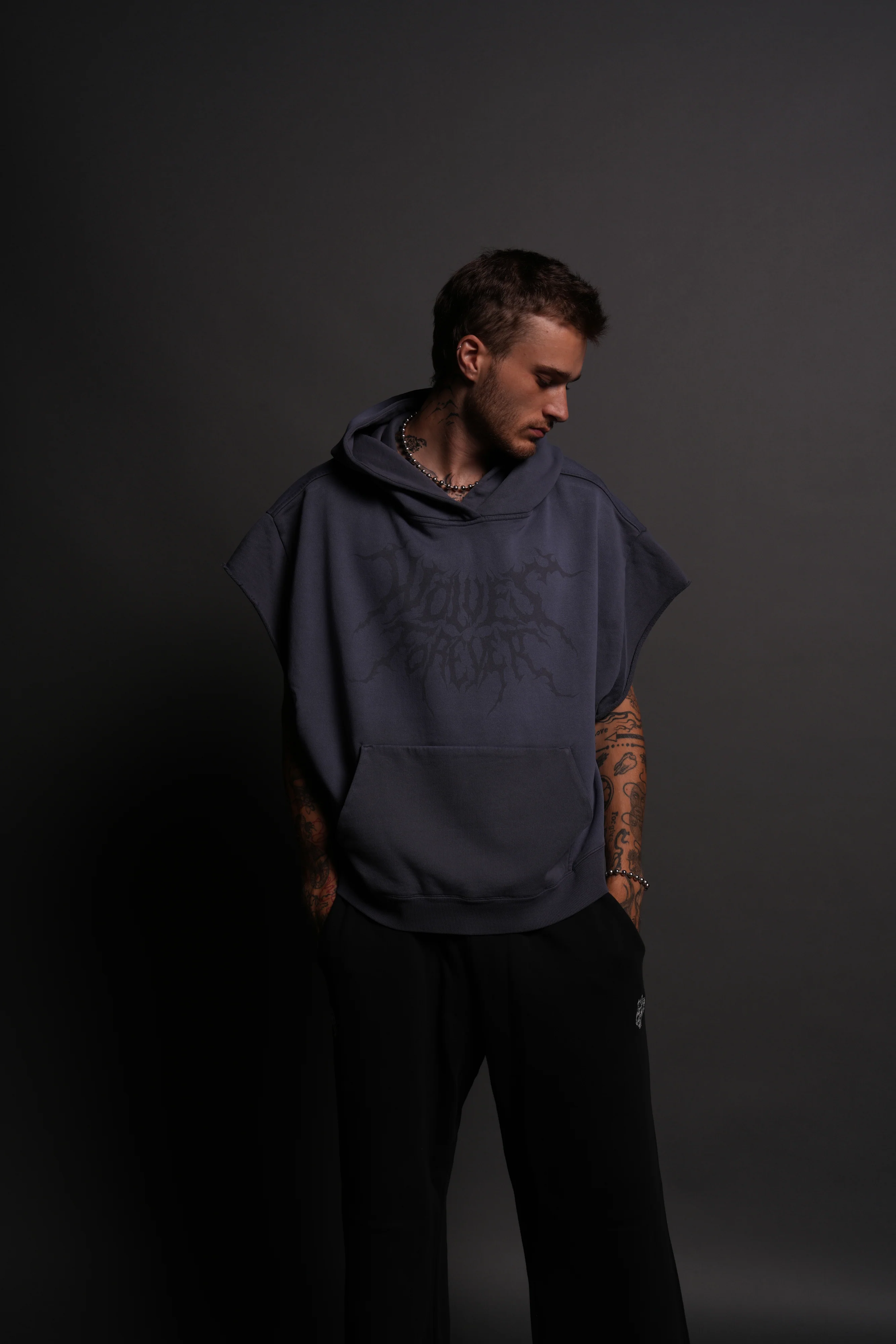 Forged From Iron Grunge Gage Cap Sleeve Hoodie in Midnight Blue Horizon Sun Fade - Image 5