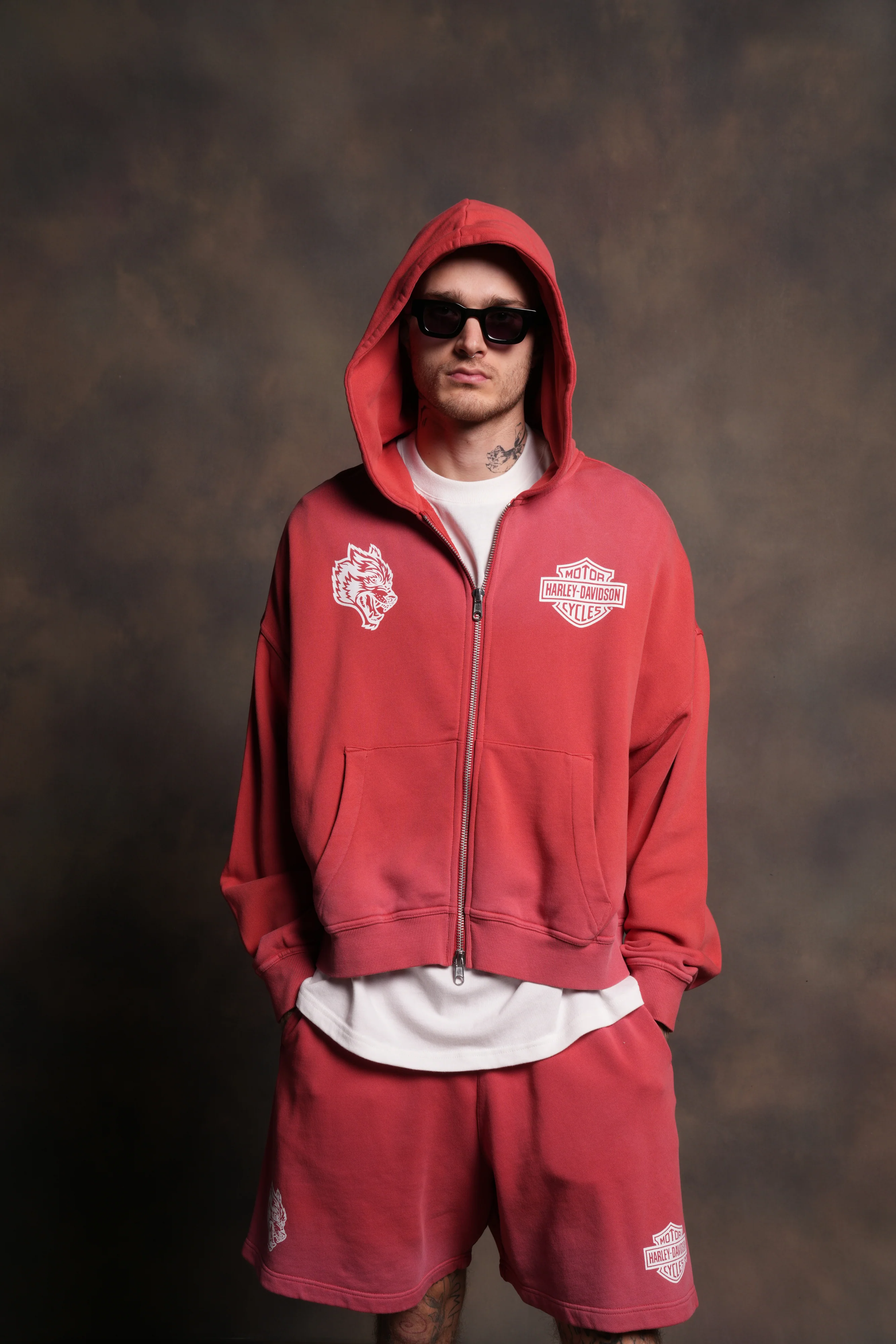 Harley-Davidson Wolves Vex Double Zip Hoodie in Roman Red Drift Wash - Image 2