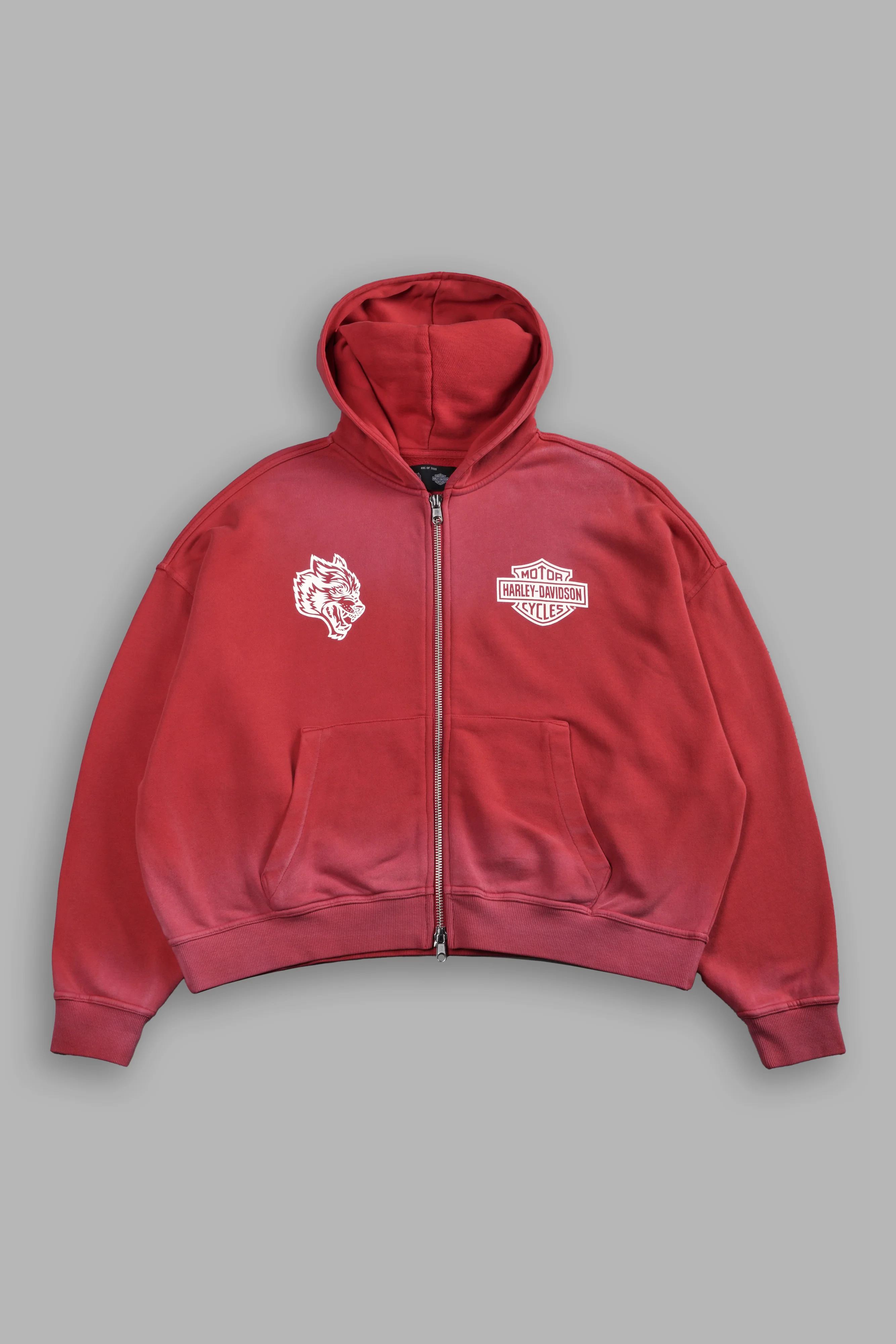 Harley-Davidson Wolves Vex Double Zip Hoodie in Roman Red Drift Wash - Image 3