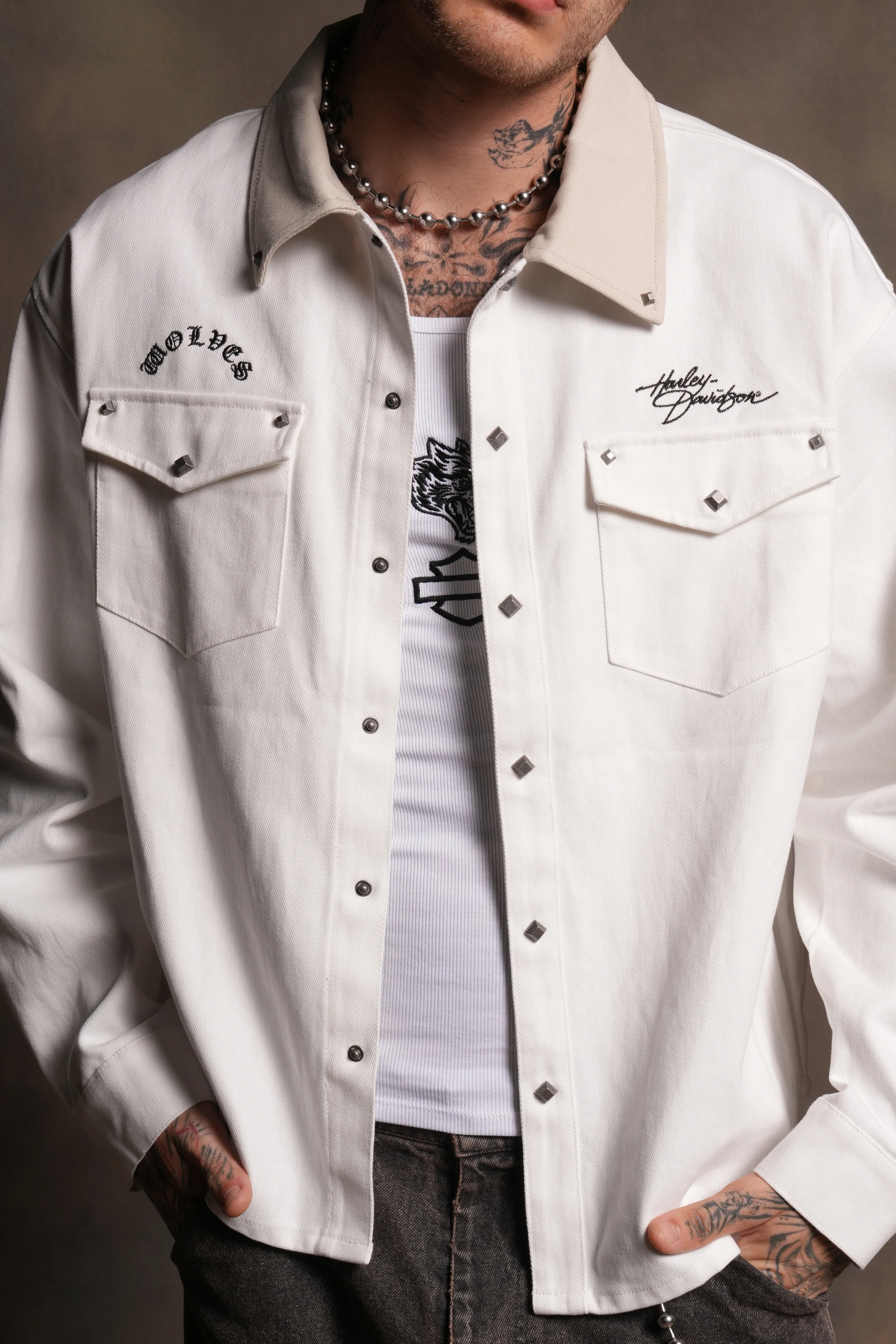 Harley Wolves Winslow Shirt Jacket in Cream - Image 10