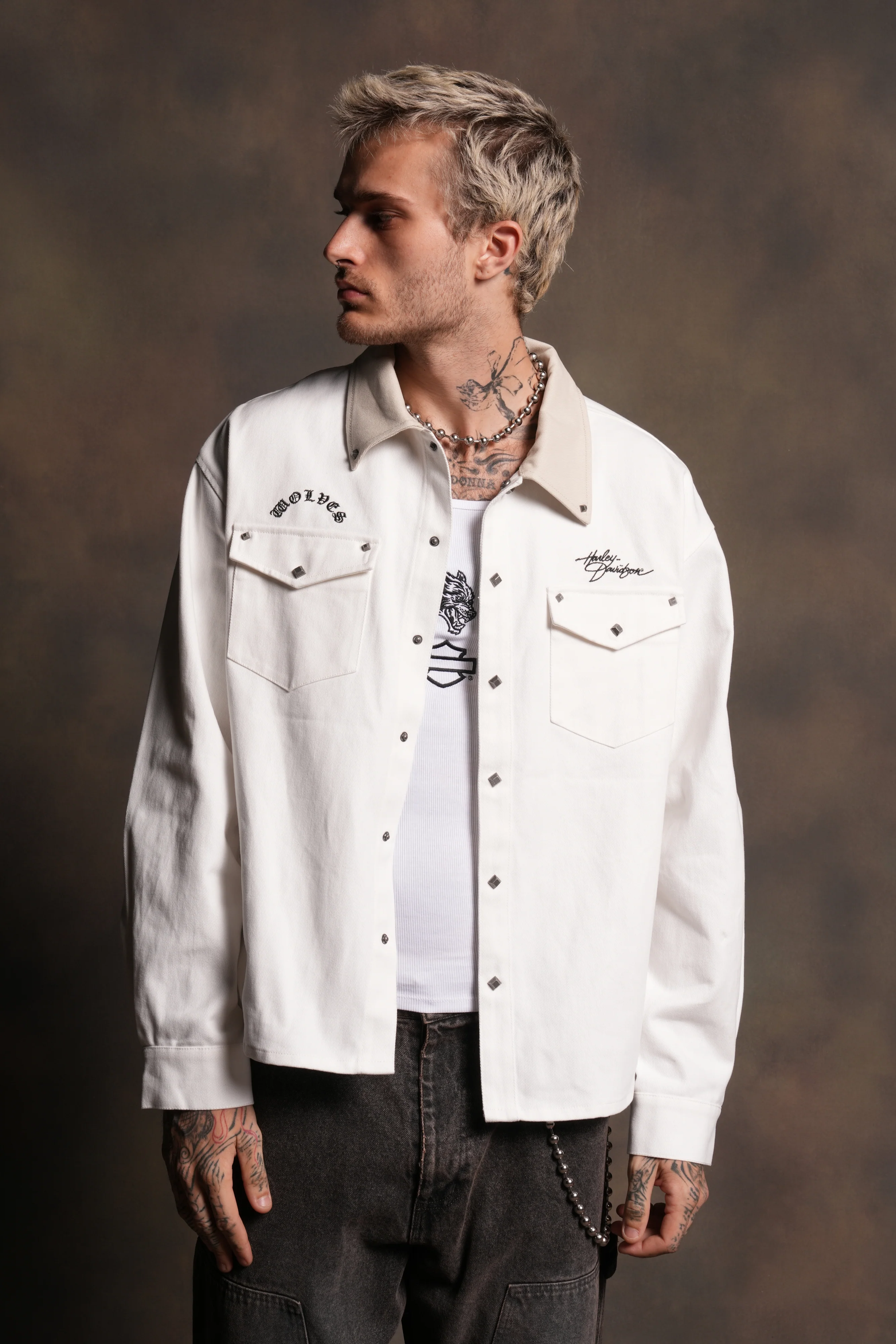Harley Wolves Winslow Shirt Jacket in Cream - Image 3