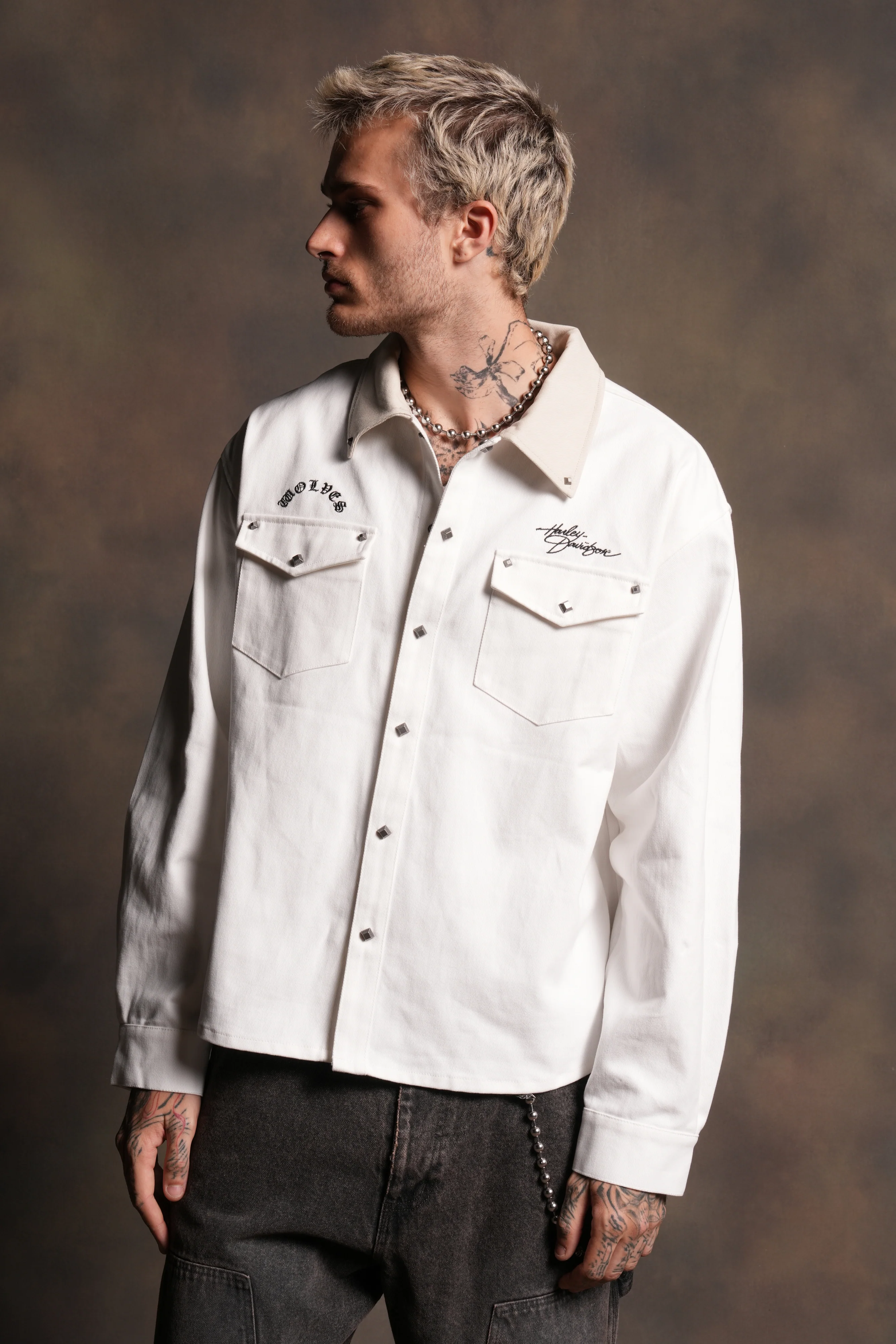 Harley Wolves Winslow Shirt Jacket in Cream - Image 6