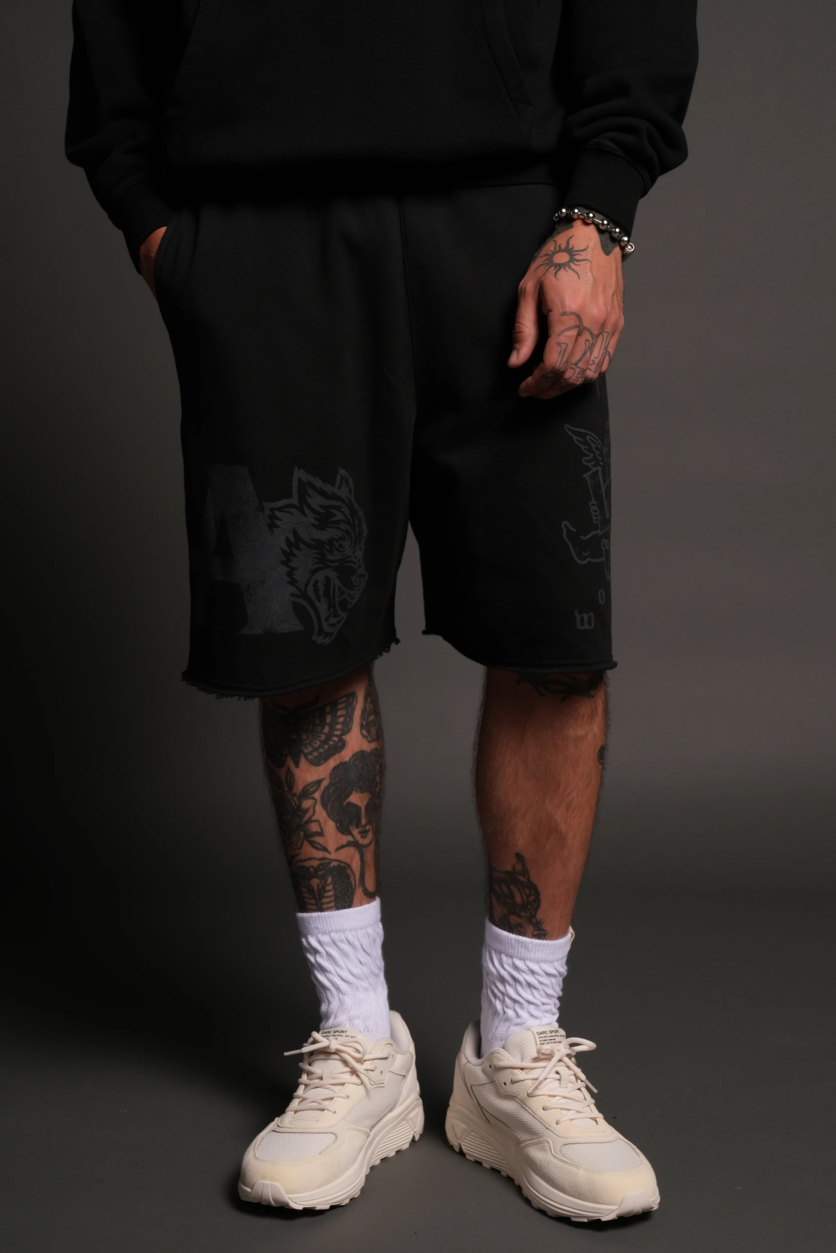 Homage To La Raw Hem Oversized Post Lounge Sweat Shorts in Black - Image 2