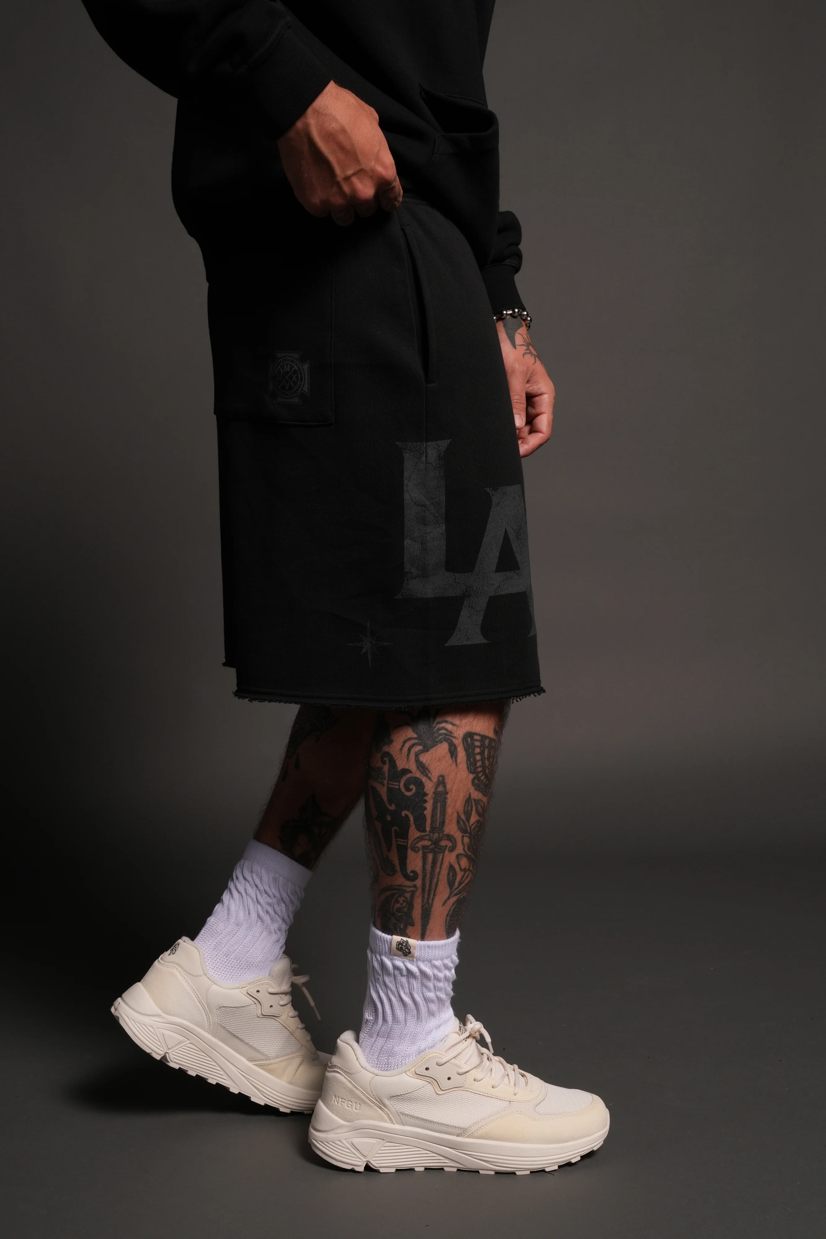 Homage To La Raw Hem Oversized Post Lounge Sweat Shorts in Black - Image 5