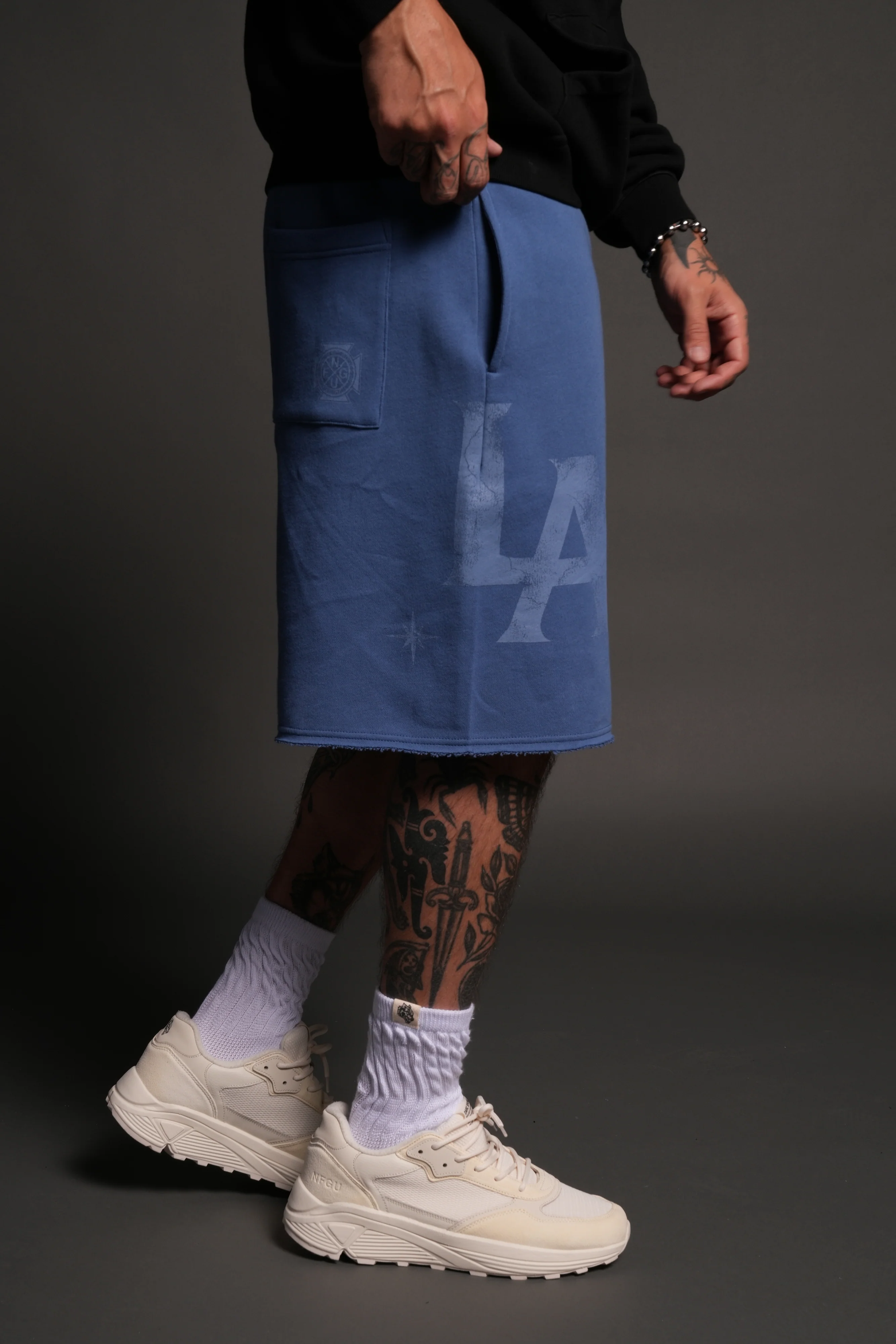 Homage To La Raw Hem Oversized Post Lounge Sweat Shorts in La Blue - Image 5