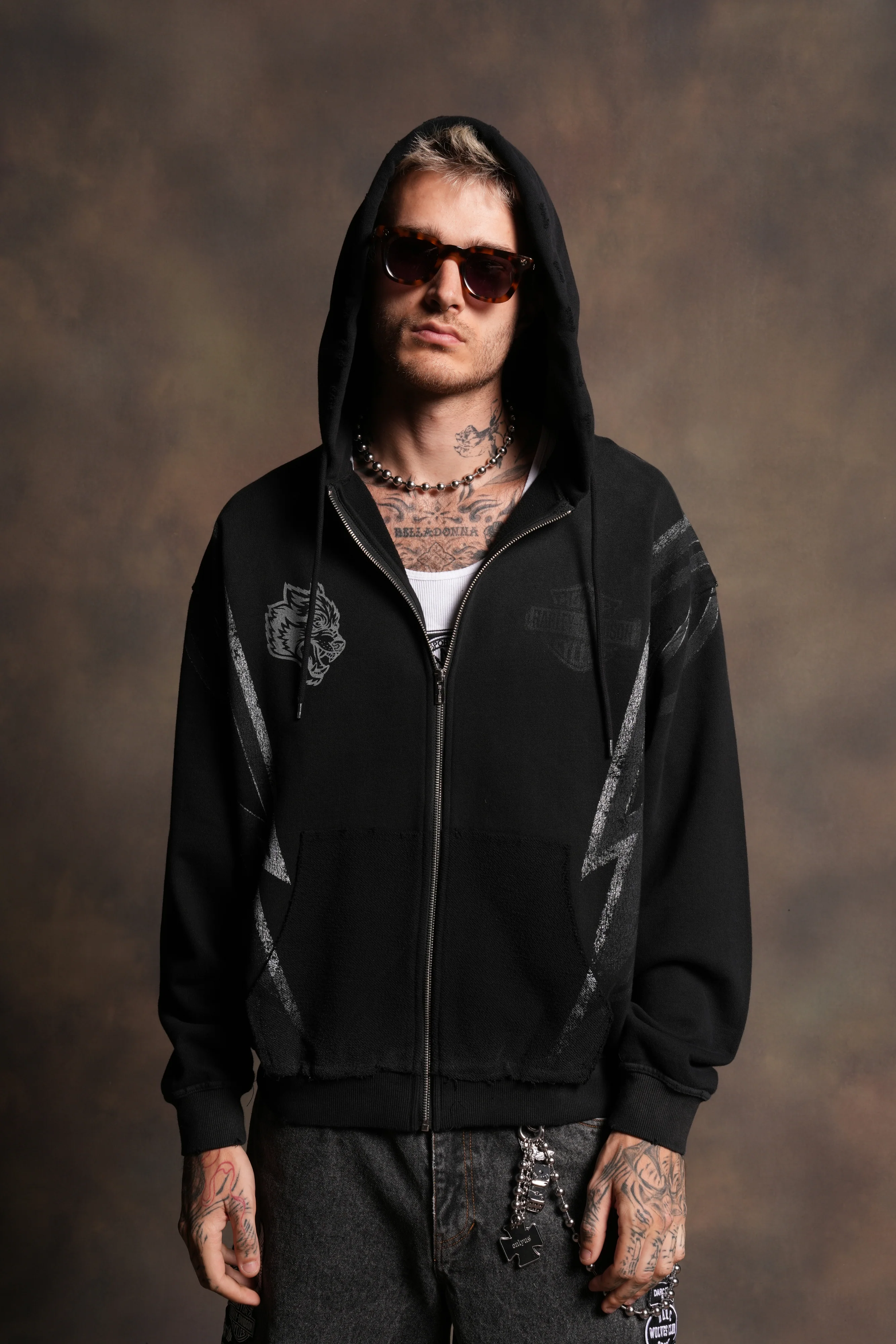 Iron Sakura Grunge Moatis Zip Hoodie in Black Drift Wash - Image 2