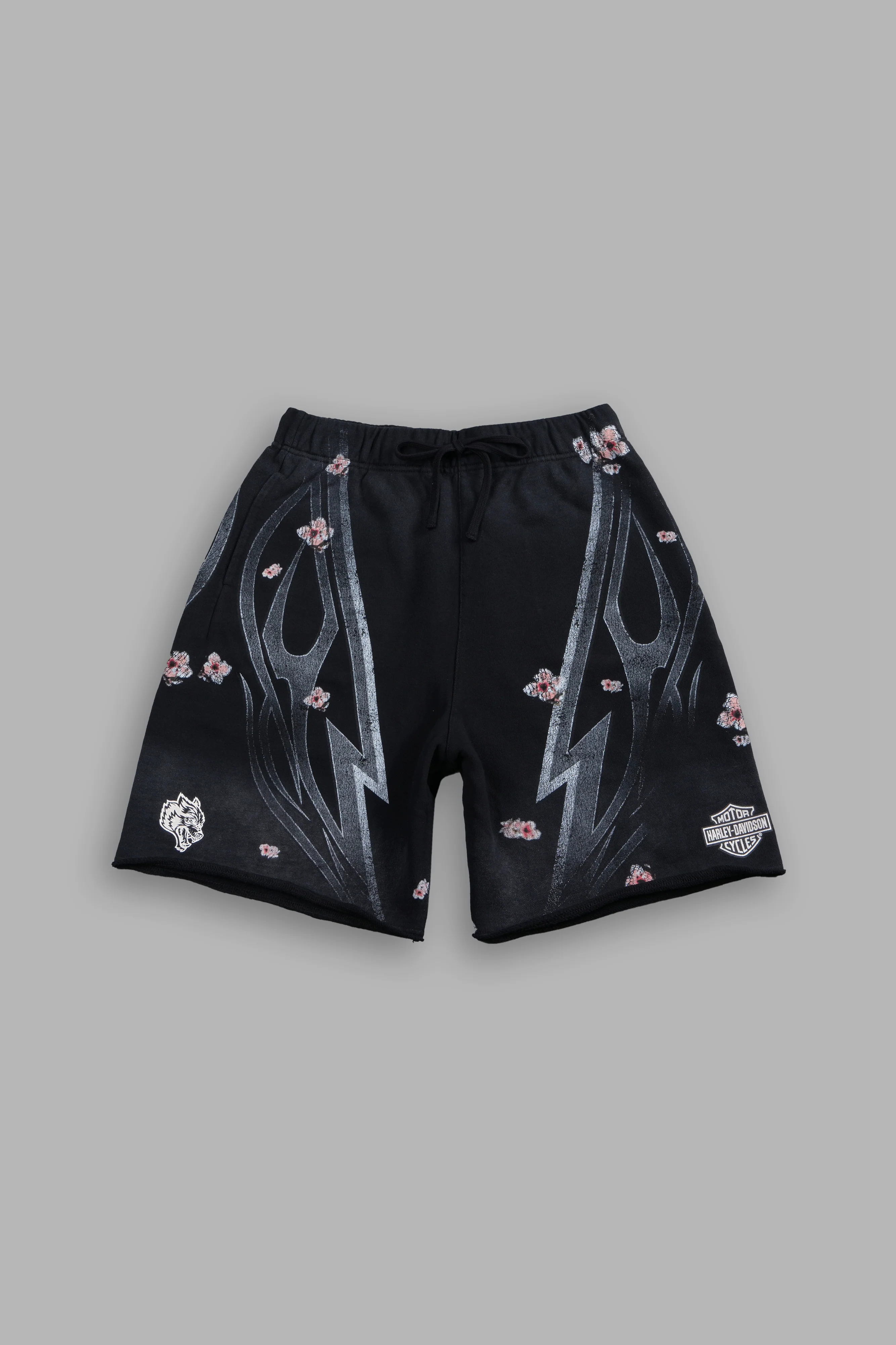 Iron Sakura Grunge Oversized Raw Hem Post Lounge Sweat Shorts in Black Drift Wash