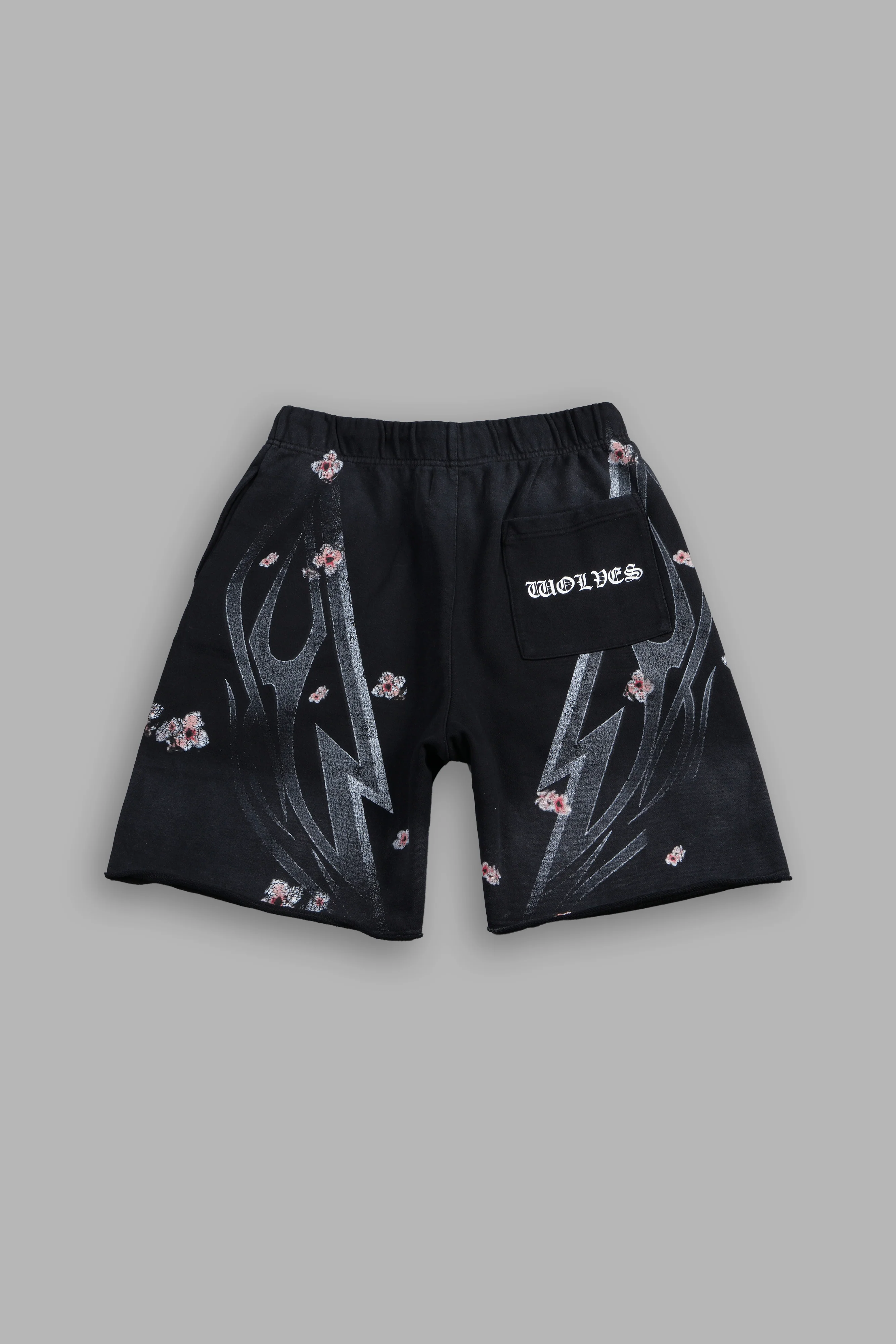 Iron Sakura Grunge Oversized Raw Hem Post Lounge Sweat Shorts in Black Drift Wash - Image 2