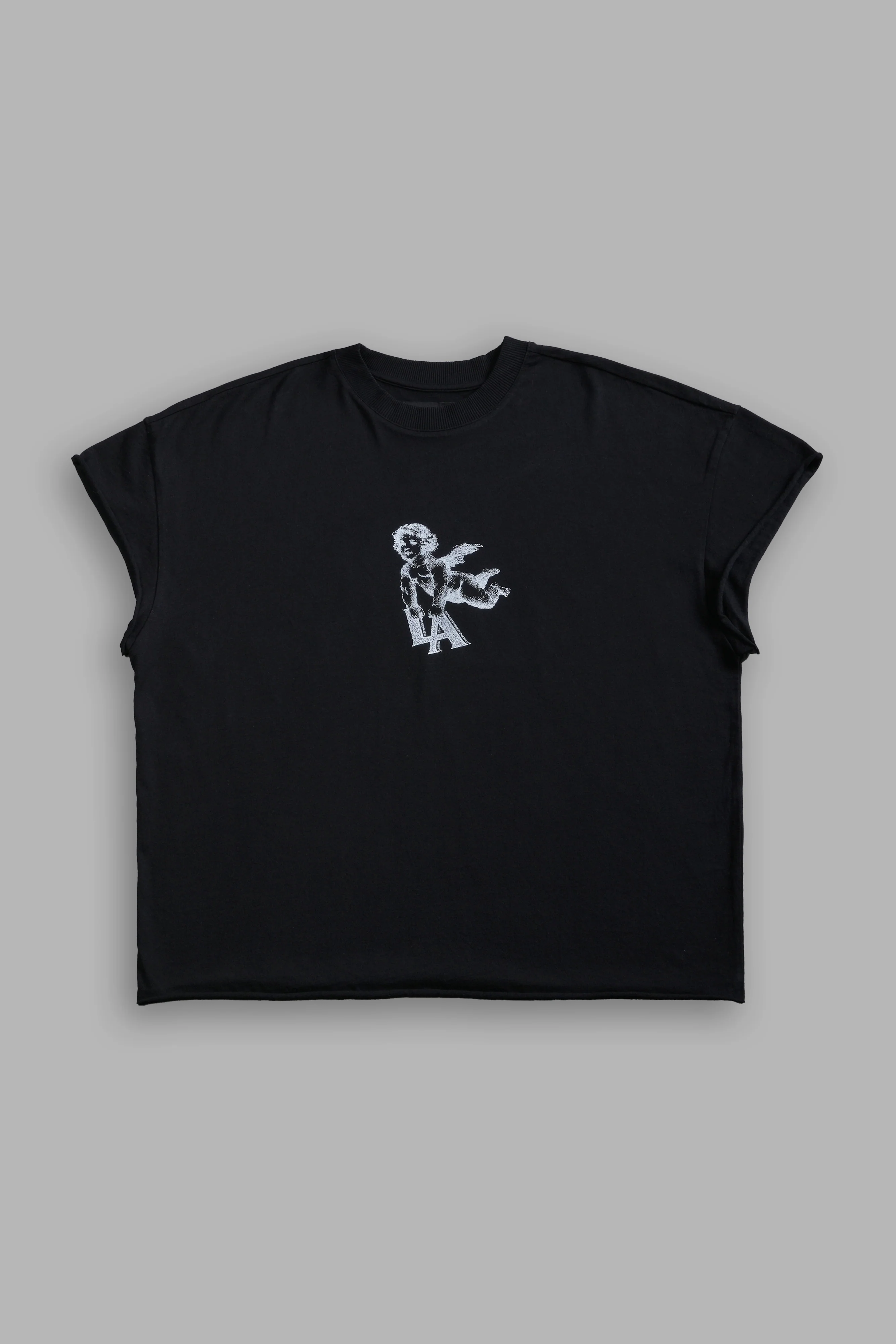 La Cherub Grunge Mid Length Raw Hem Cap Sleeve Tee in Black - Image 3