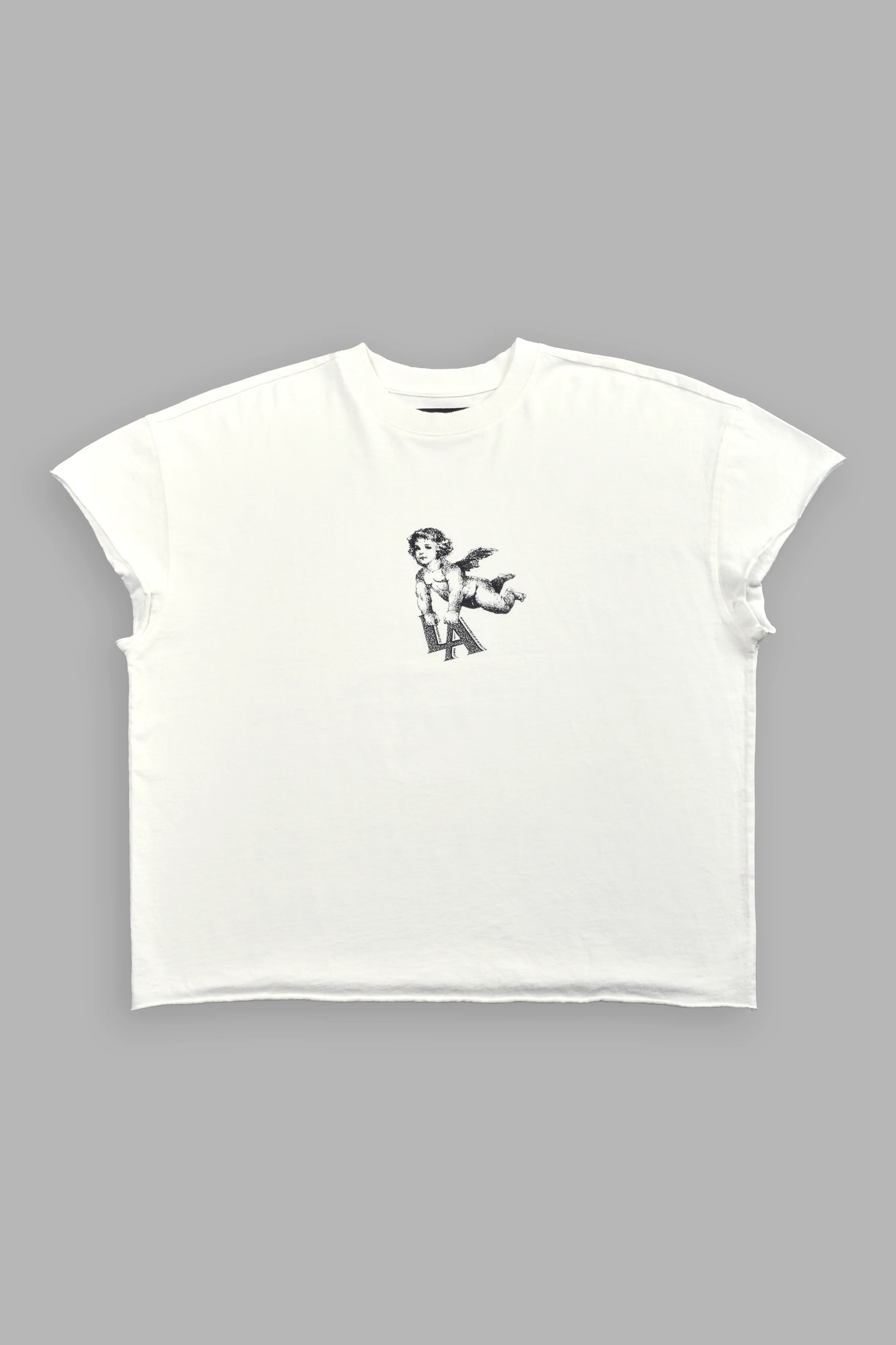 La Cherub Grunge Mid Length Raw Hem Cap Sleeve Tee in Cream - Image 3