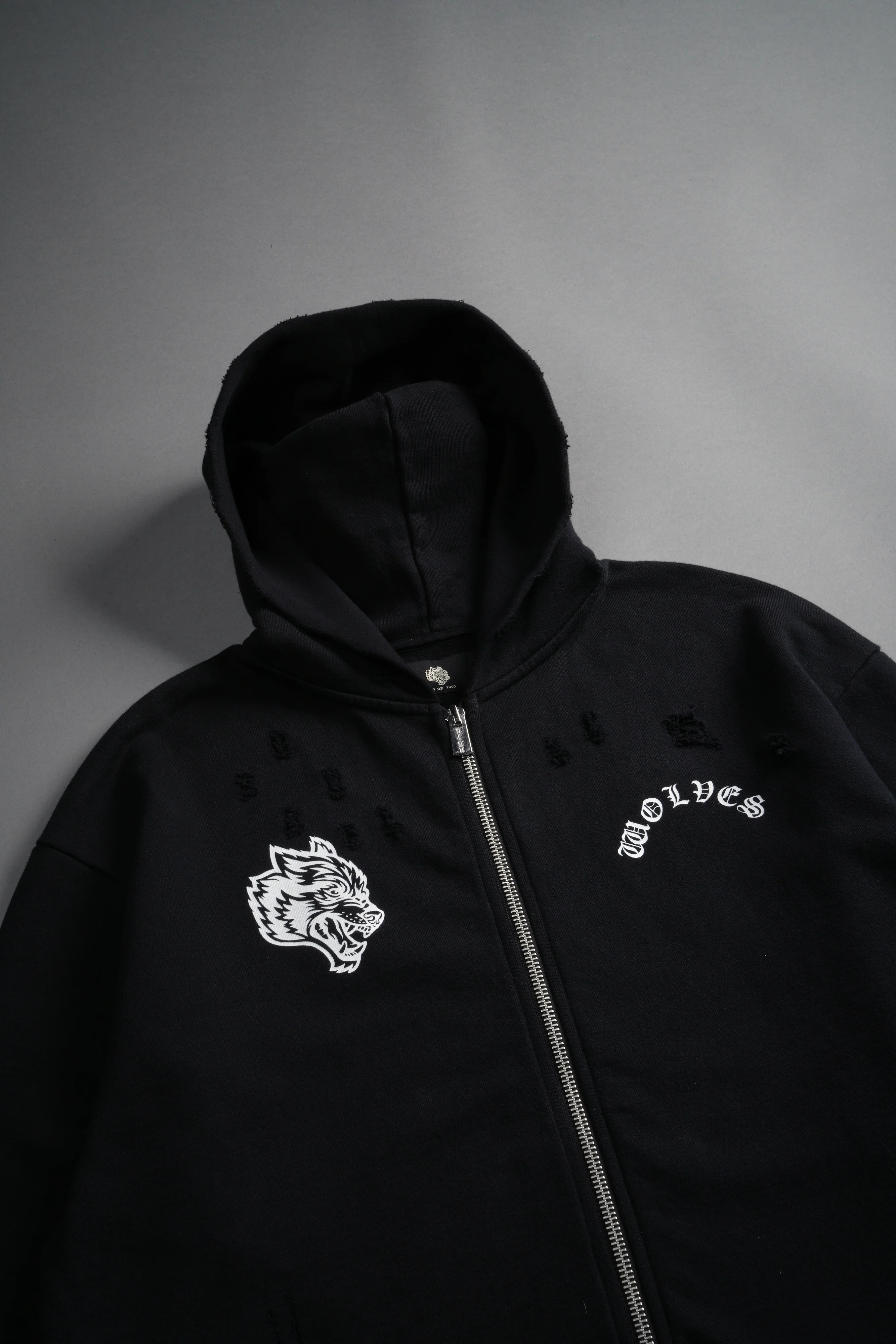 Los Cherub Distressed Grunge Mid Length Raw Hem Zip Hoodie in Black - Image 15