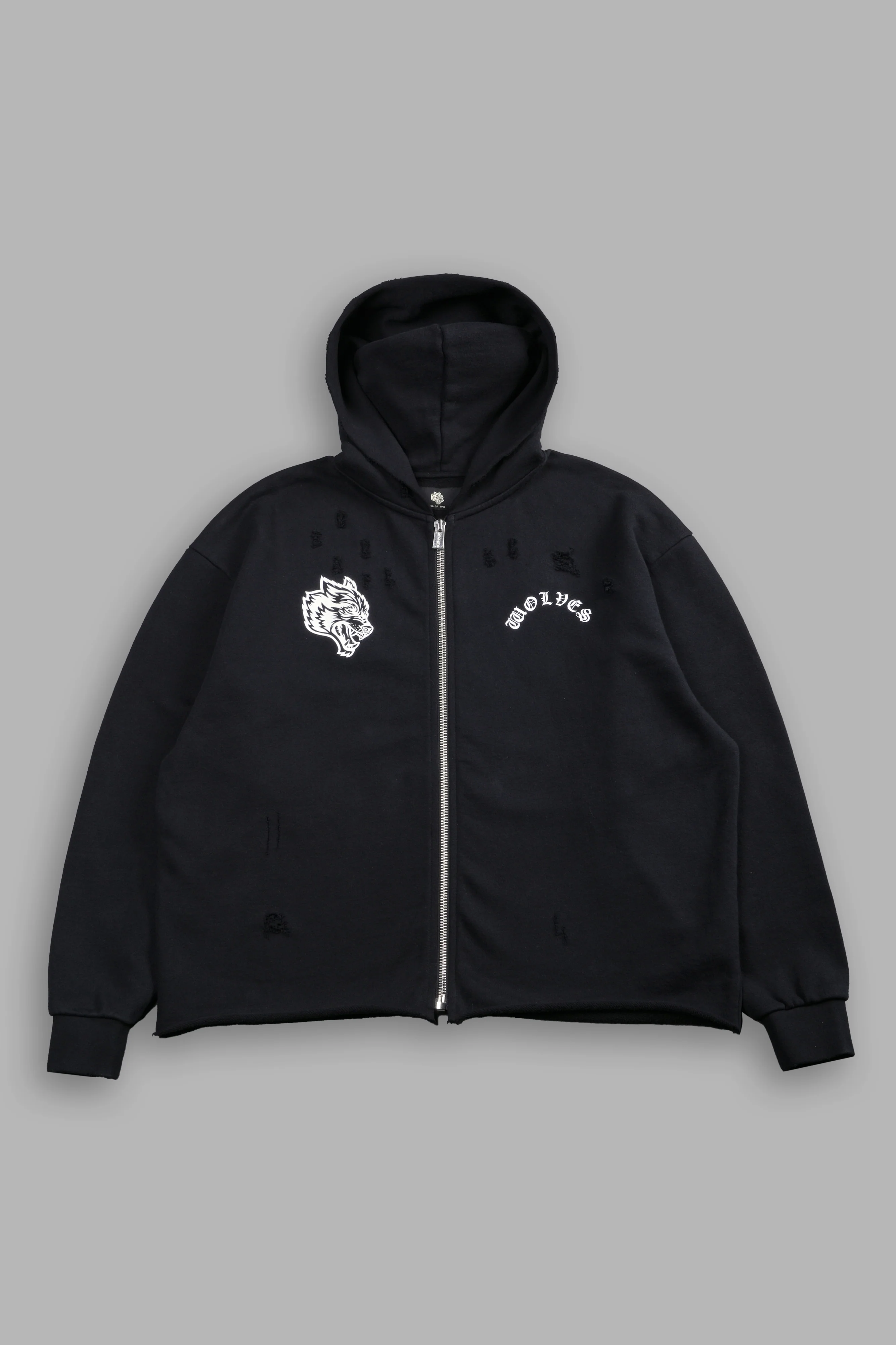 Los Cherub Distressed Grunge Mid Length Raw Hem Zip Hoodie in Black - Image 3