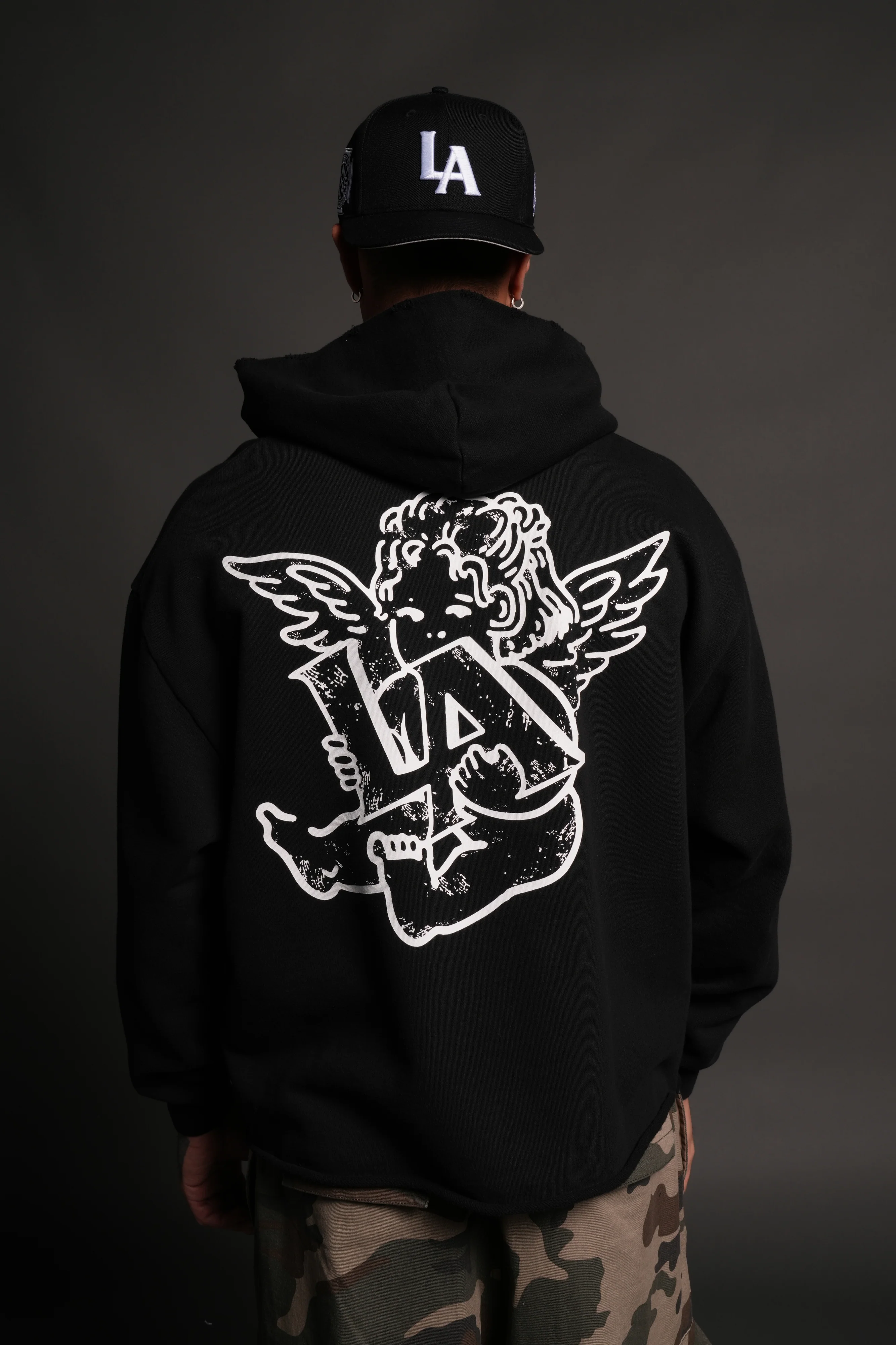 Los Cherub Distressed Grunge Mid Length Raw Hem Zip Hoodie in Black - Image 4