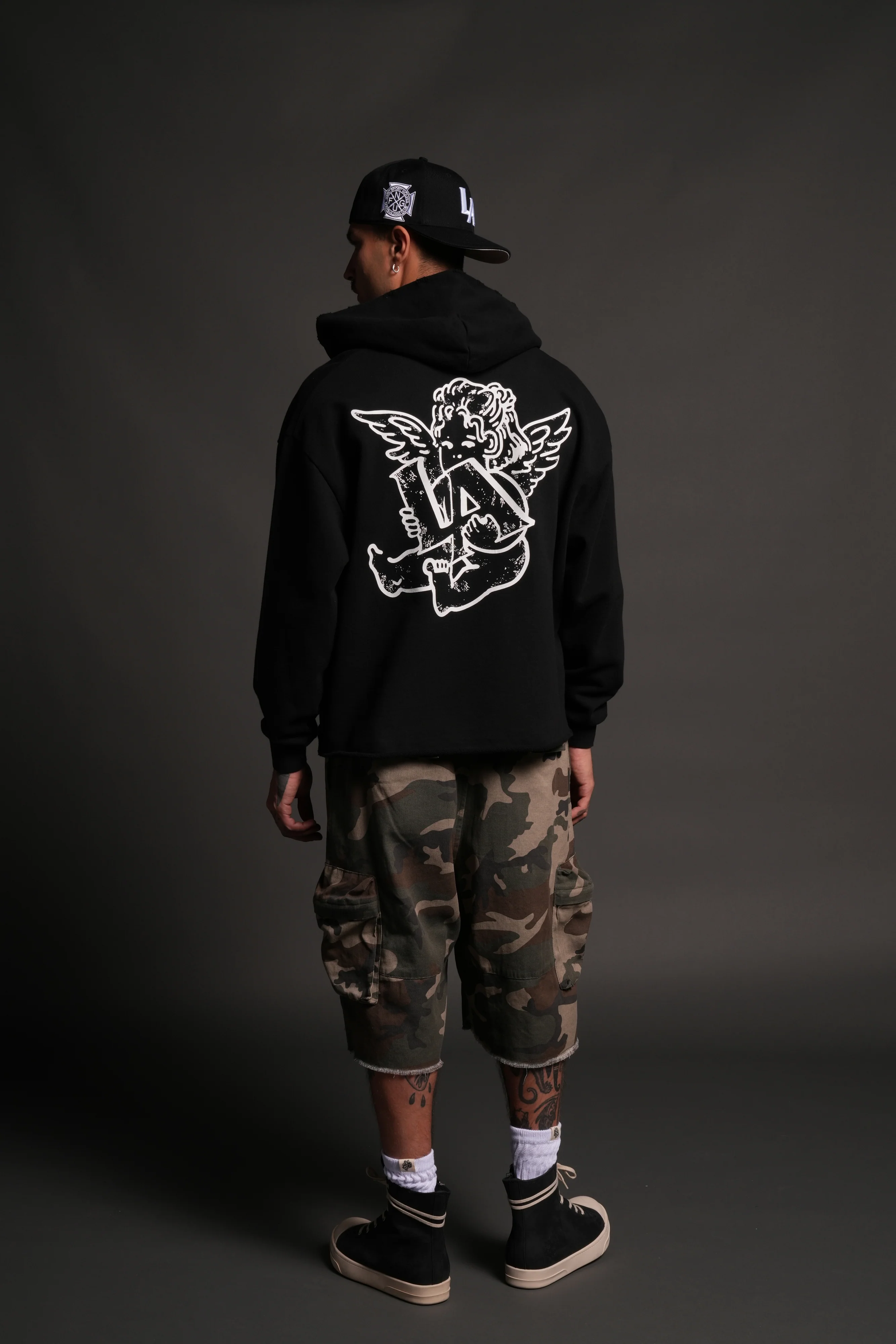 Los Cherub Distressed Grunge Mid Length Raw Hem Zip Hoodie in Black - Image 6