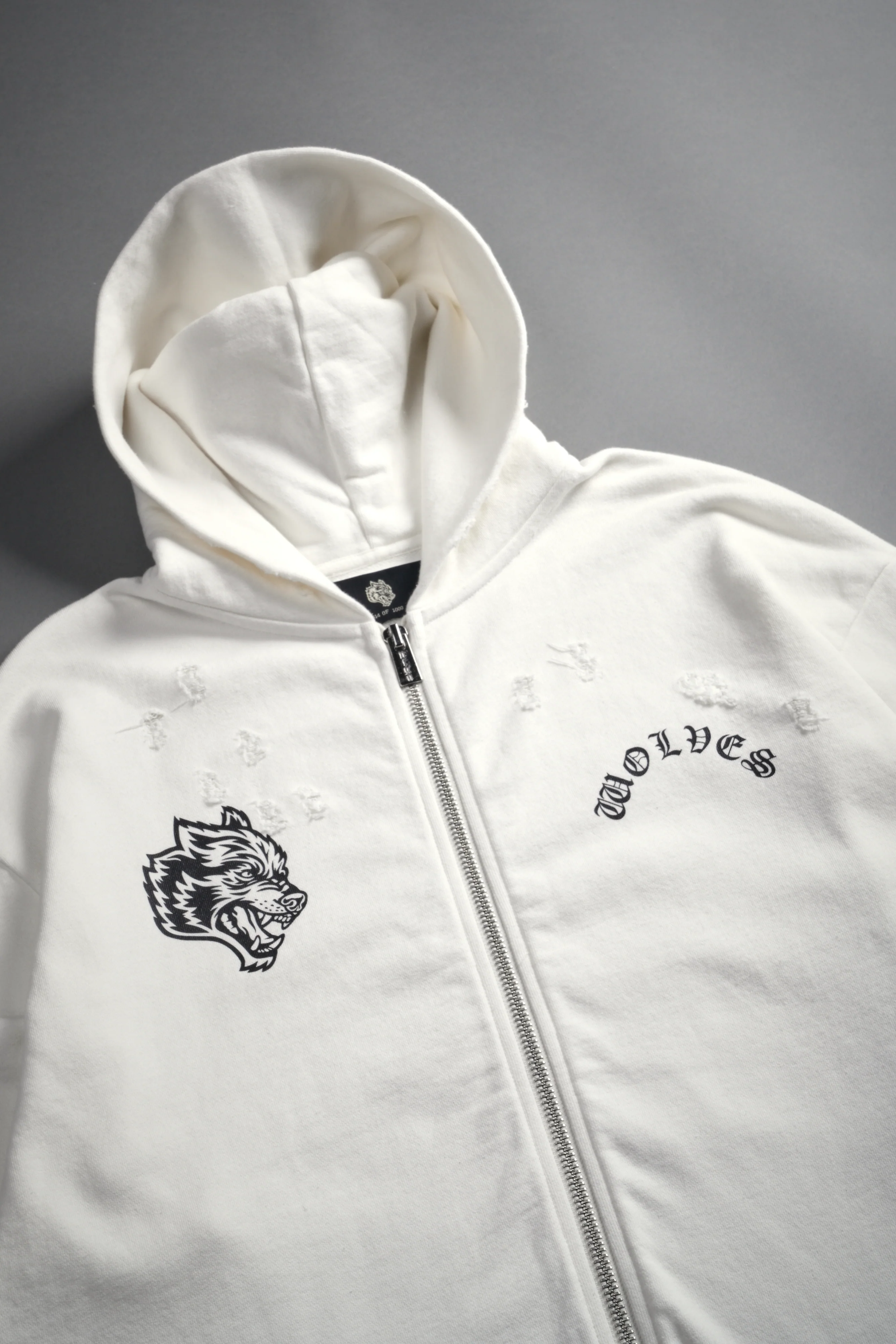 Los Cherub Distressed Grunge Mid Length Raw Hem Zip Hoodie in Cream - Image 15