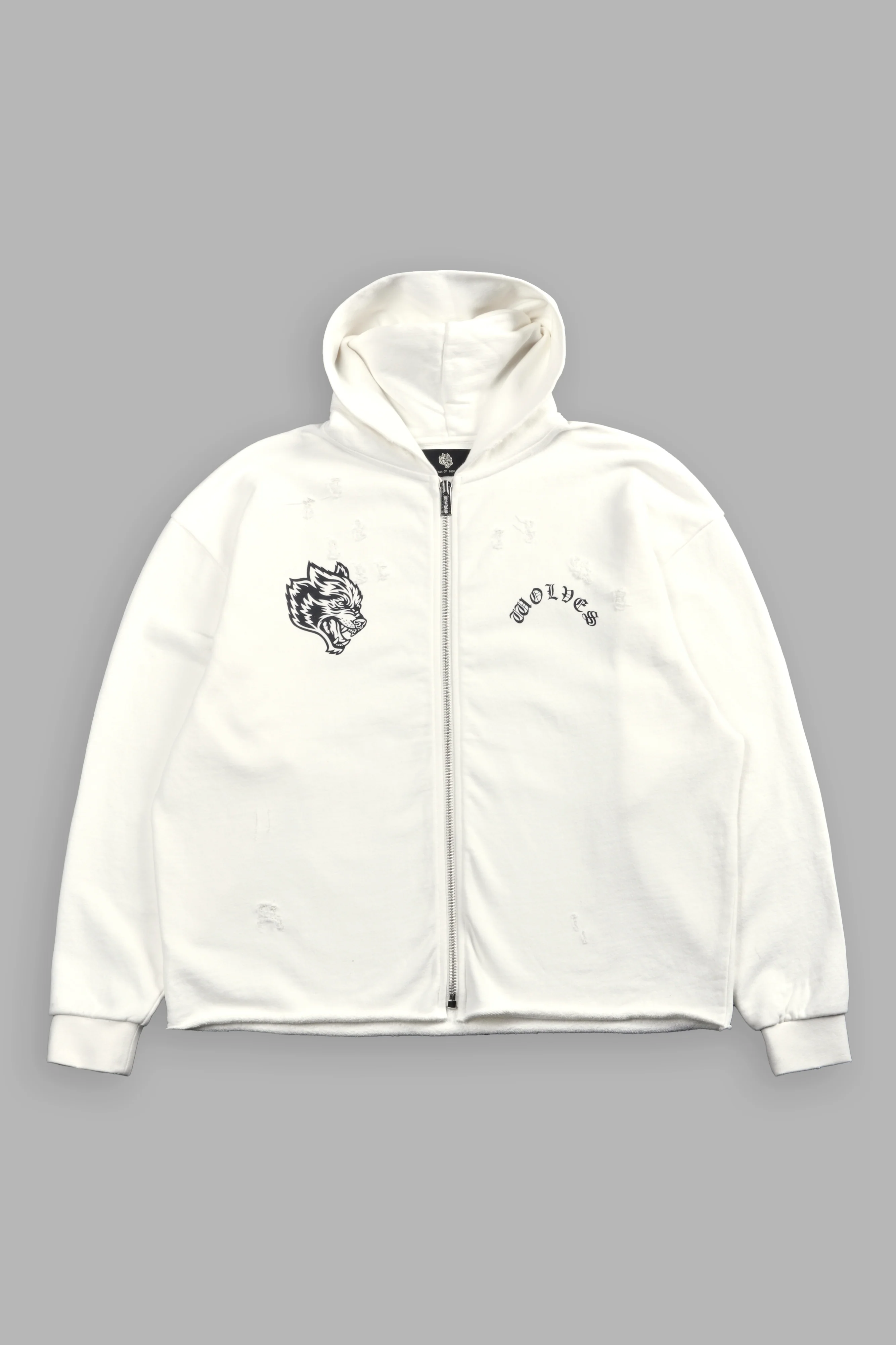 Los Cherub Distressed Grunge Mid Length Raw Hem Zip Hoodie in Cream - Image 3