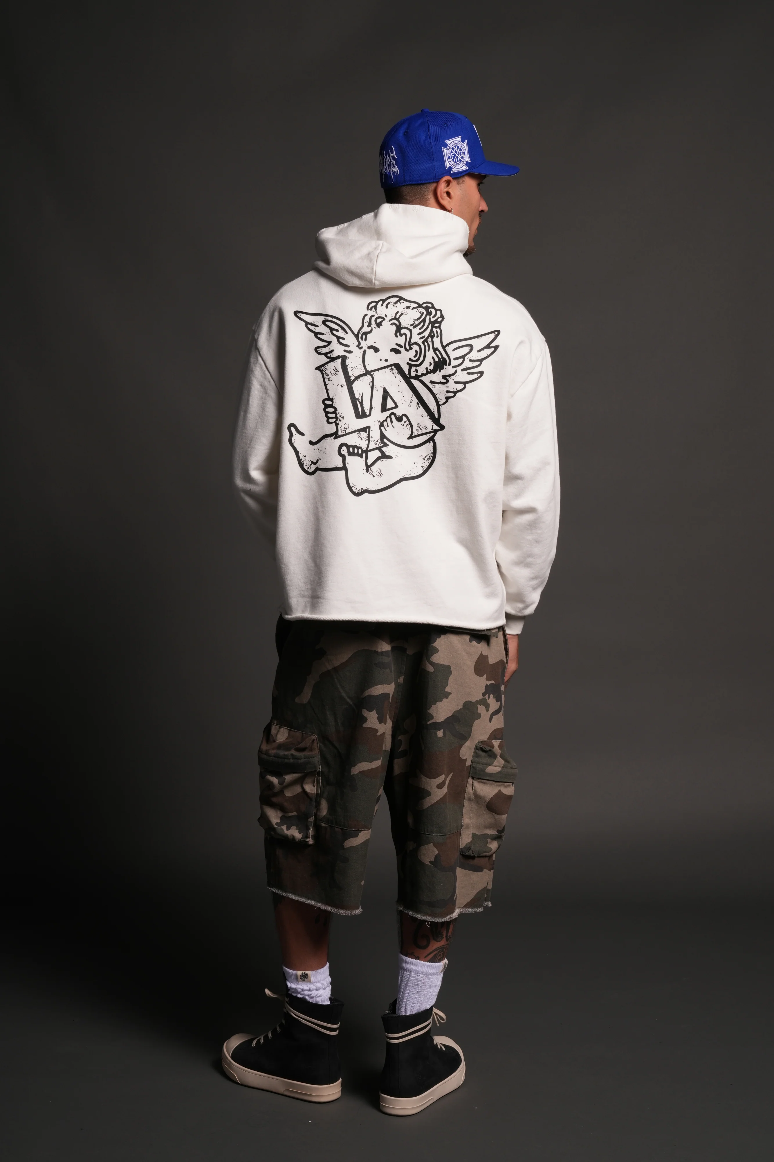 Los Cherub Distressed Grunge Mid Length Raw Hem Zip Hoodie in Cream - Image 6